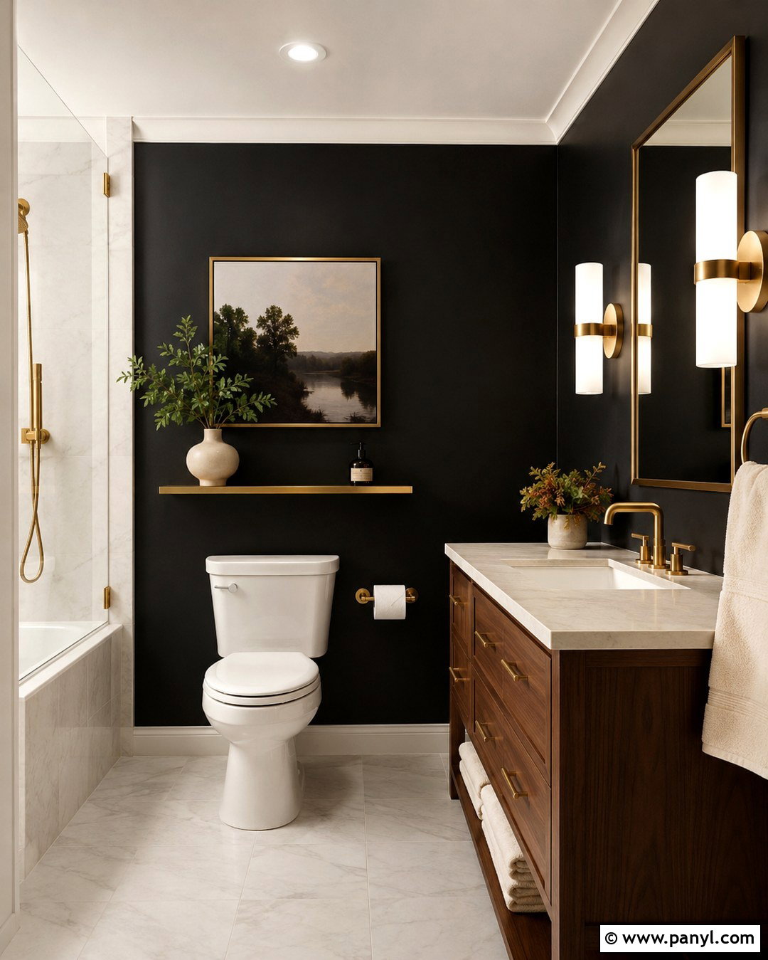 Black Accent Wall With Brass Fixtures - 20 Black Accent Wall Behind Toilet Ideas