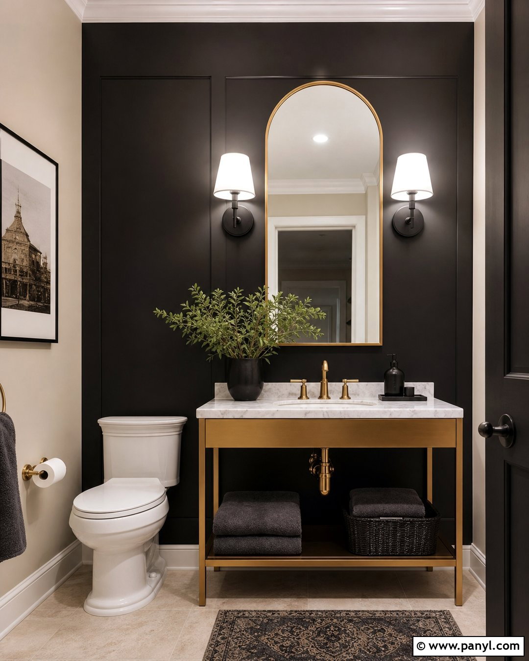 Black Accent Wall With Brass Vanity - 20 Black Accent Wall Half Bathroom Ideas