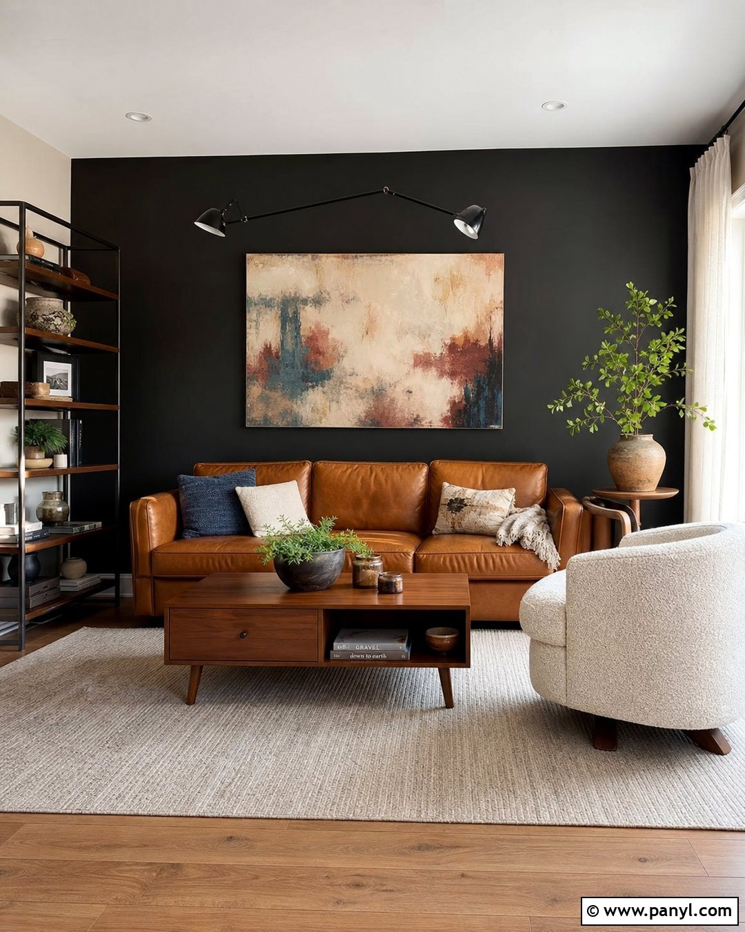 Black Accent Wall With Brown Leather Sofa - 30 Accent Wall Black Ideas