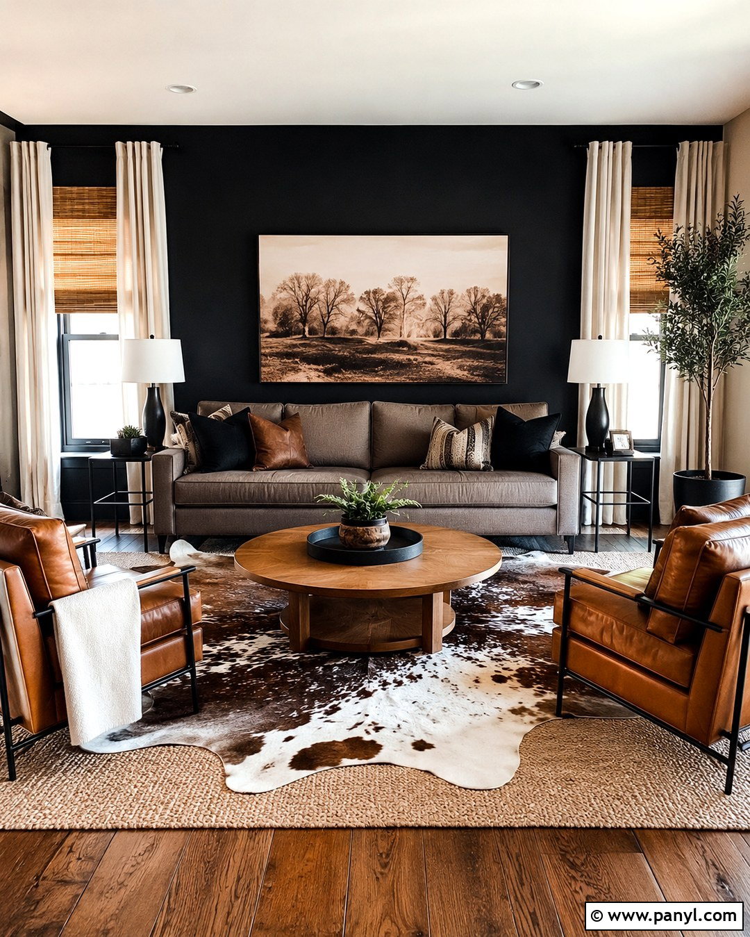 Black Accent Wall With Cowhide Rug - 20 Black Accent Wall Living Room Western Ideas