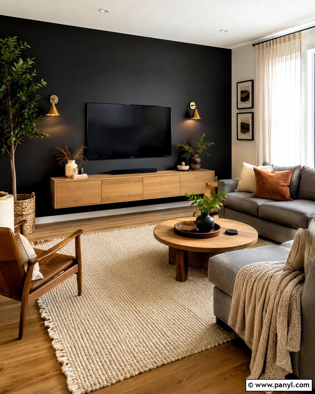 Black Accent Wall With Oak Furniture - 20 black walls living room ideas