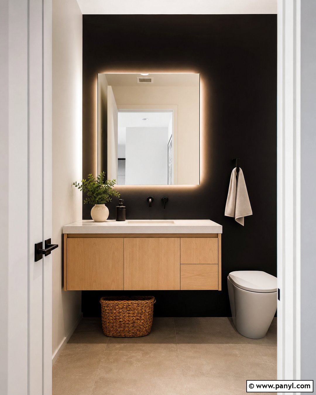 Black Accent Wall With Oak Vanity - 20 Black Accent Wall Half Bathroom Ideas
