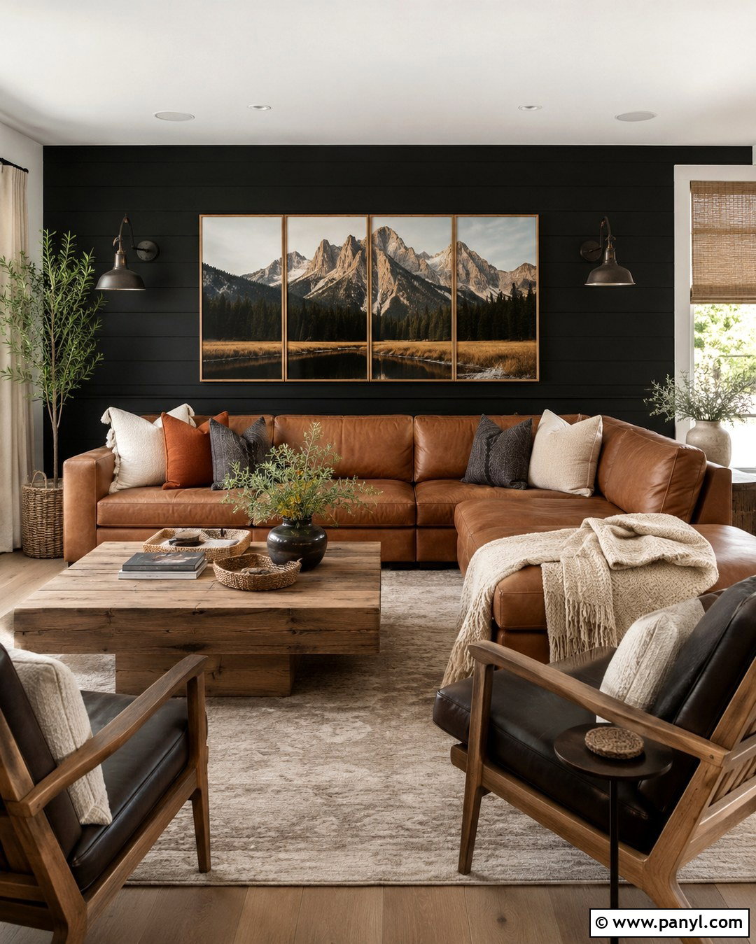 Black Accent Wall With Saddle Leather Sectional - 20 Black Accent Wall Living Room Western Ideas
