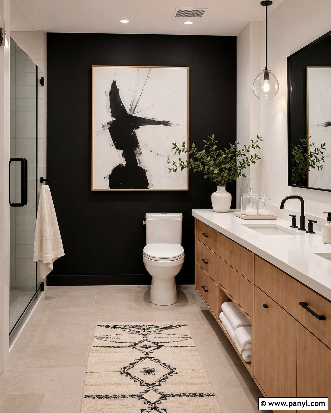 Black Accent Wall With White Artwork - 20 Black Accent Wall Behind Toilet Ideas
