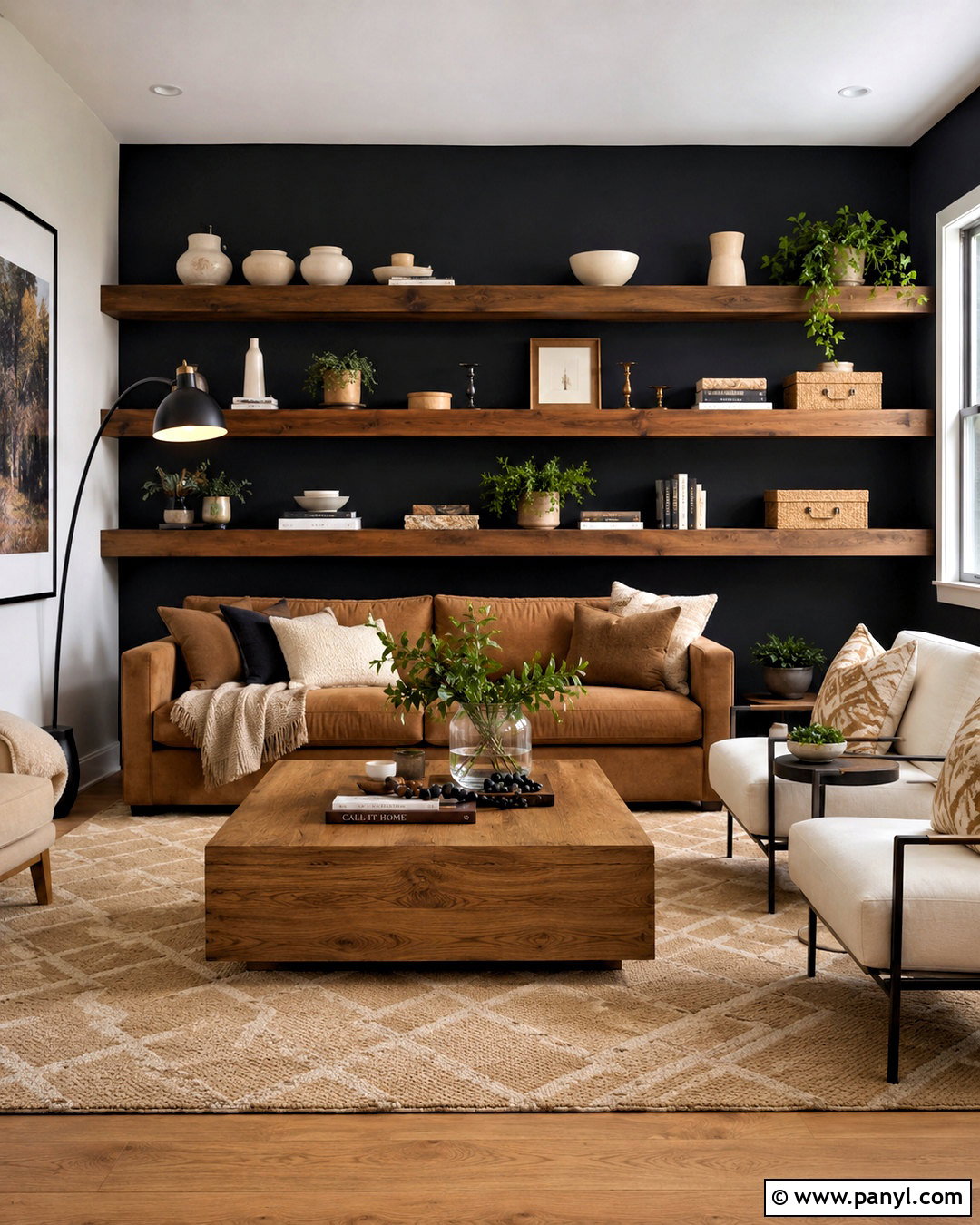 Black Accent Wall With Wood Shelves - 20 black accent wall living room ideas