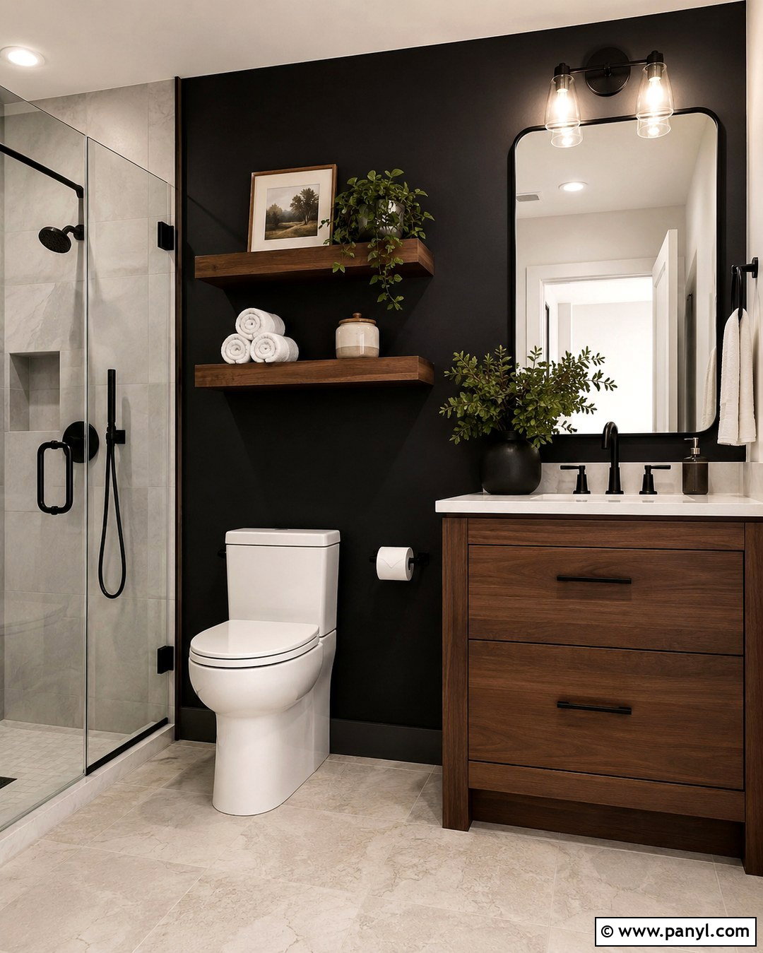 Black Accent Wall With Wood Shelves - 20 Black Accent Wall Behind Toilet Ideas