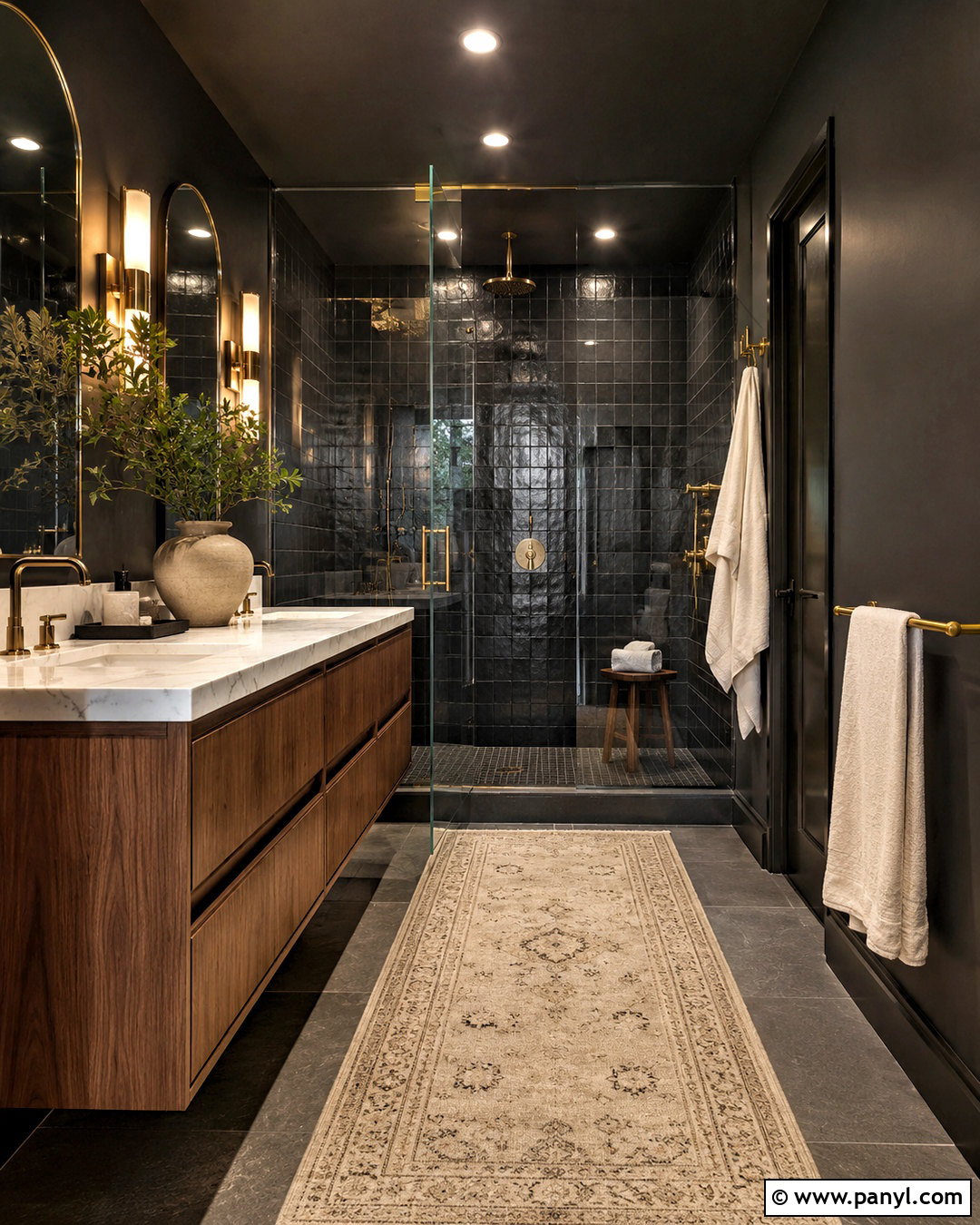 Black And Brass Bathroom - 20 dark moody interior design ideas