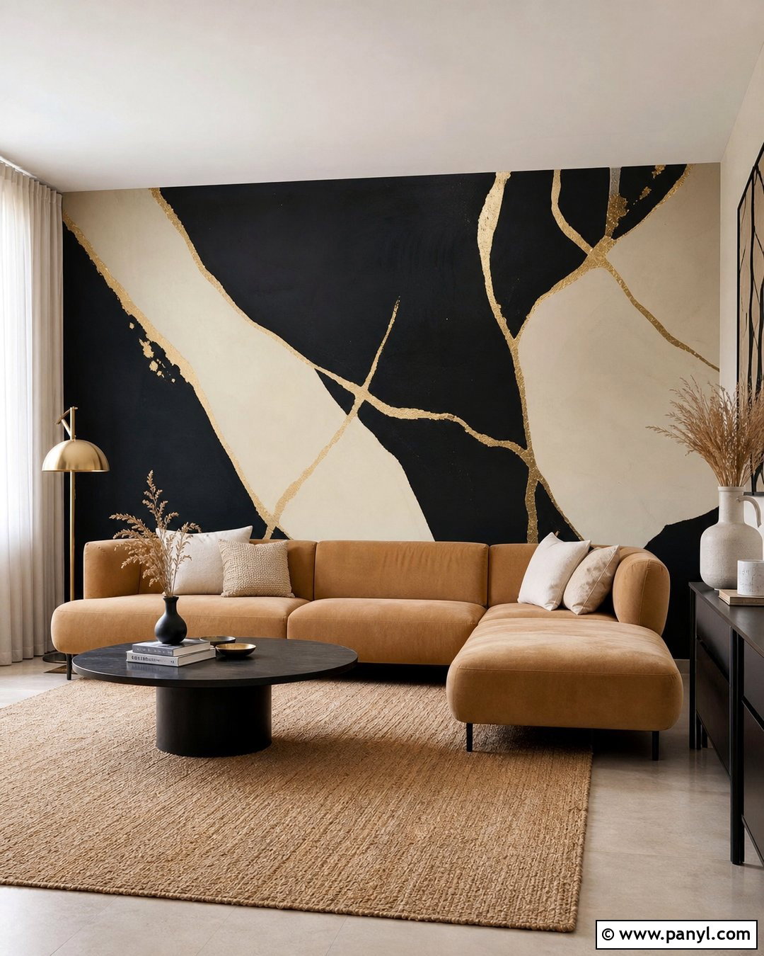 Black And Gold Abstract Mural Wall - 30 Black And Gold Wall Ideas