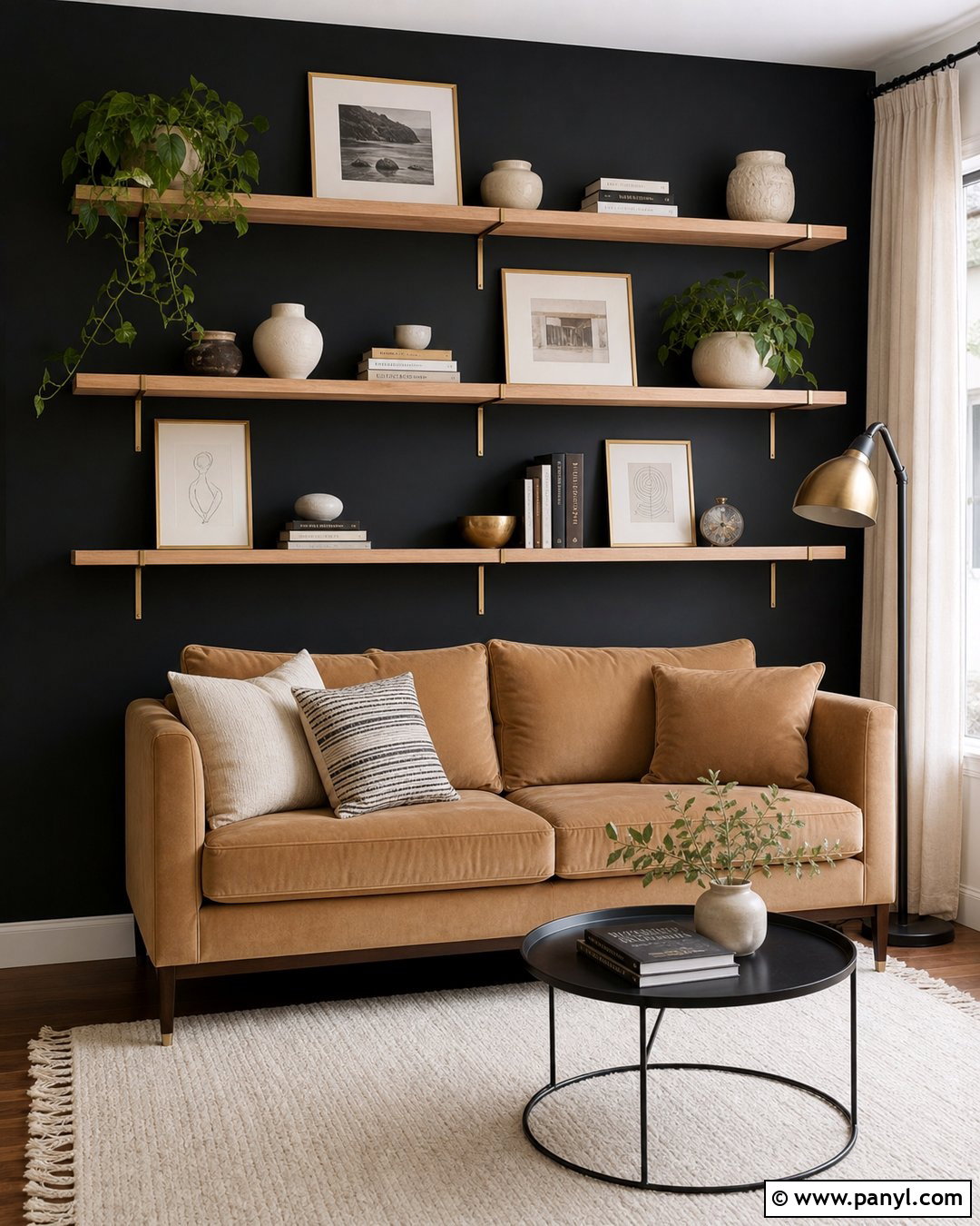 Black And Gold Floating Shelf Wall - 30 Black And Gold Wall Ideas