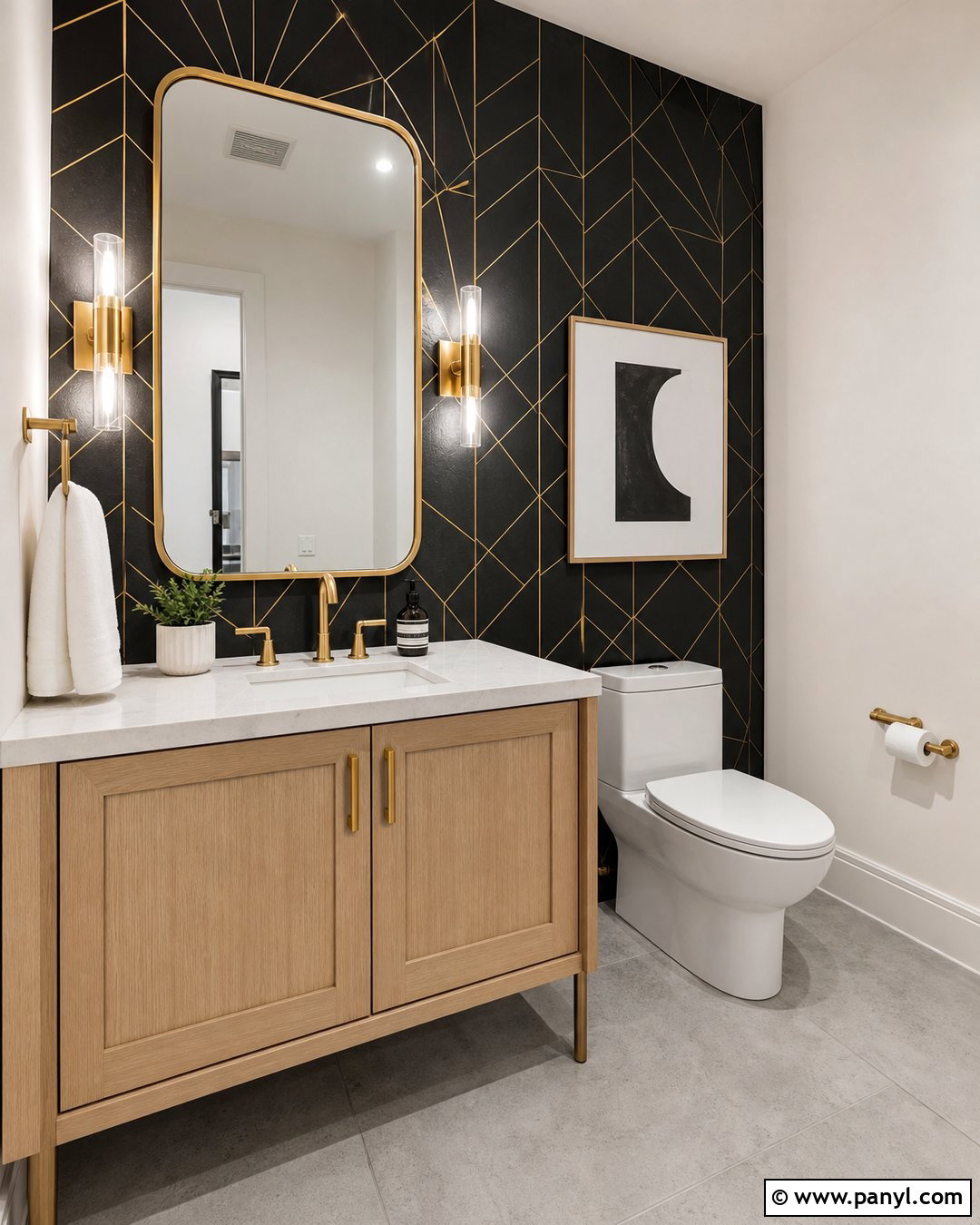 Black And Gold Geometric Wall - 20 Metallic Accent Wall Bathroom Ideas