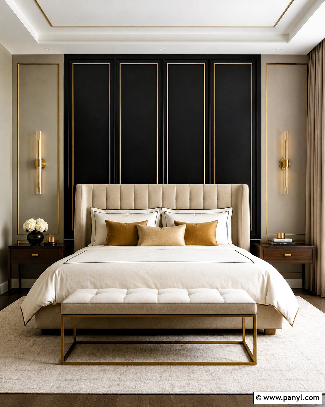 Black And Gold Paneled Bedroom - 20 black panelling bedroom ideas