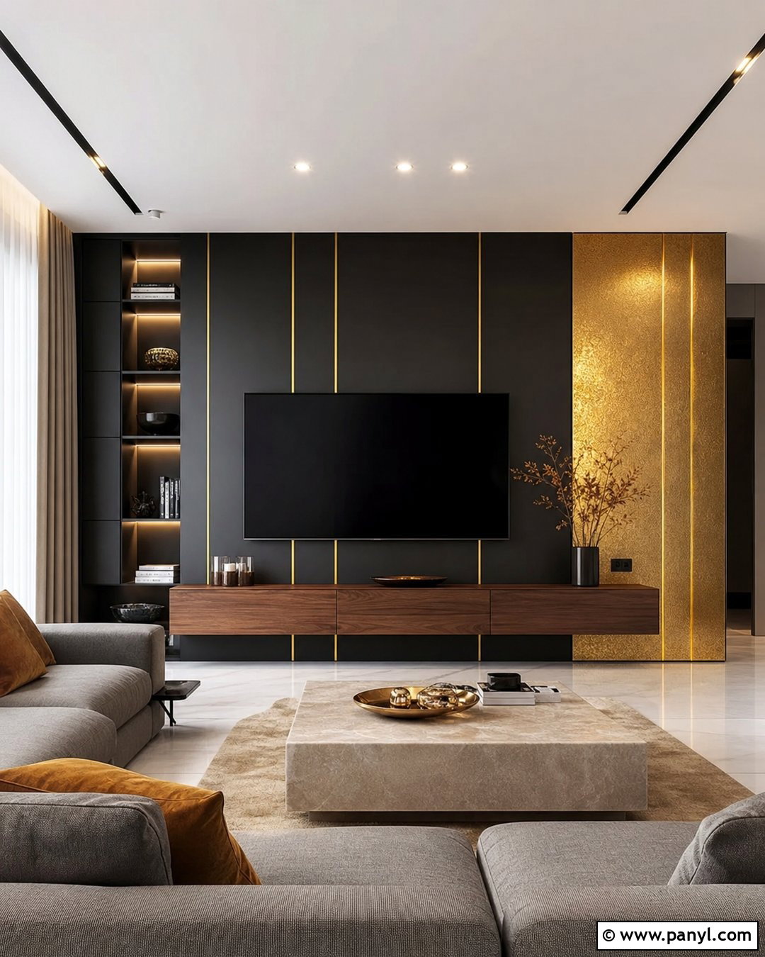 Black And Gold TV Wall - 35 golden wall ideas