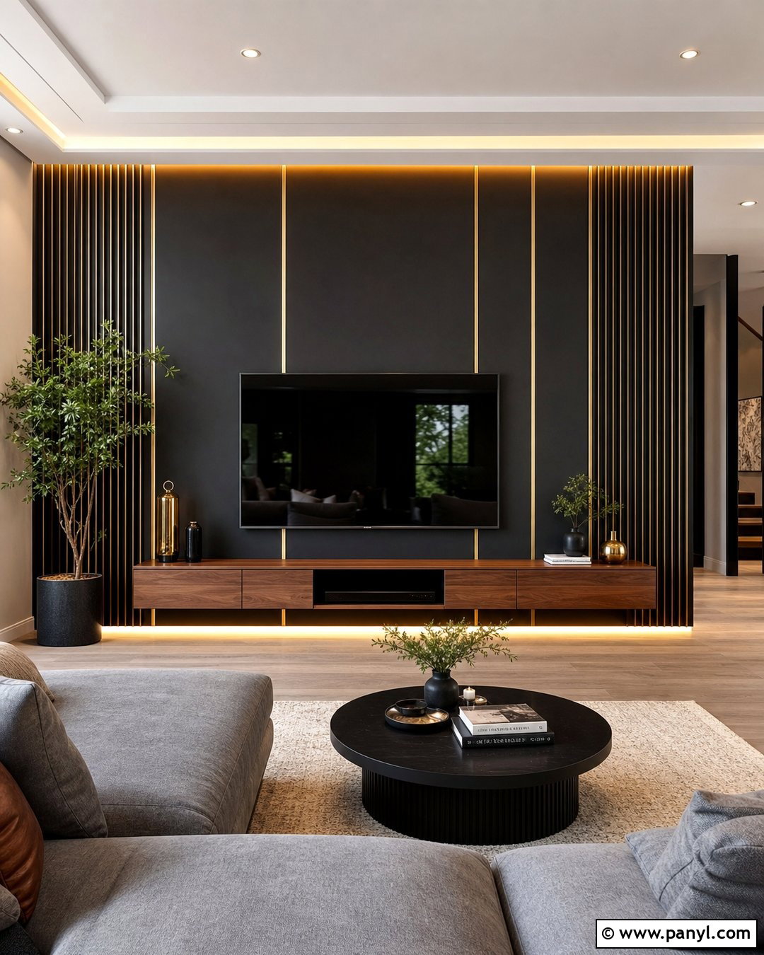Black And Gold TV Wall - 30 Black And Gold Wall Ideas
