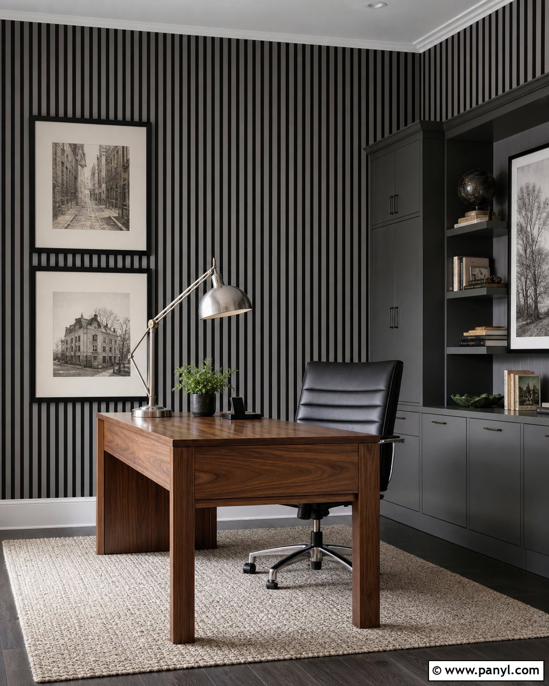 Black And Gray Striped Home Office - 25 Black Striped Wall Ideas