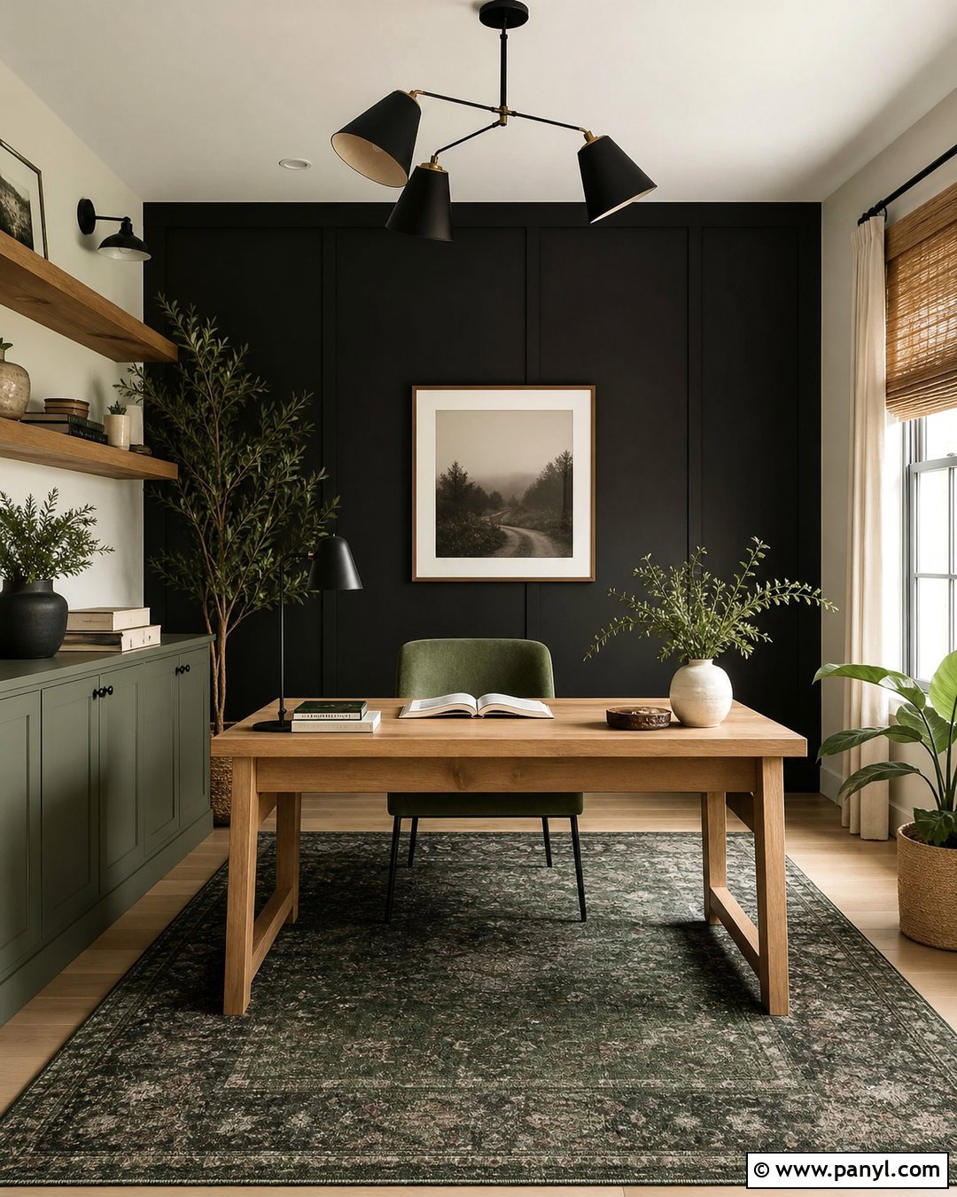 Black And Green Office - 35 Black Accent Wall Office Ideas