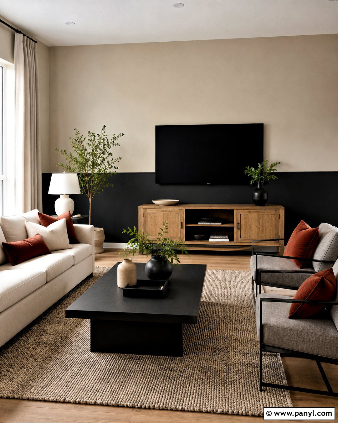 Black And Greige Split Painted Living Room Walls - 35 Split Painted Walls