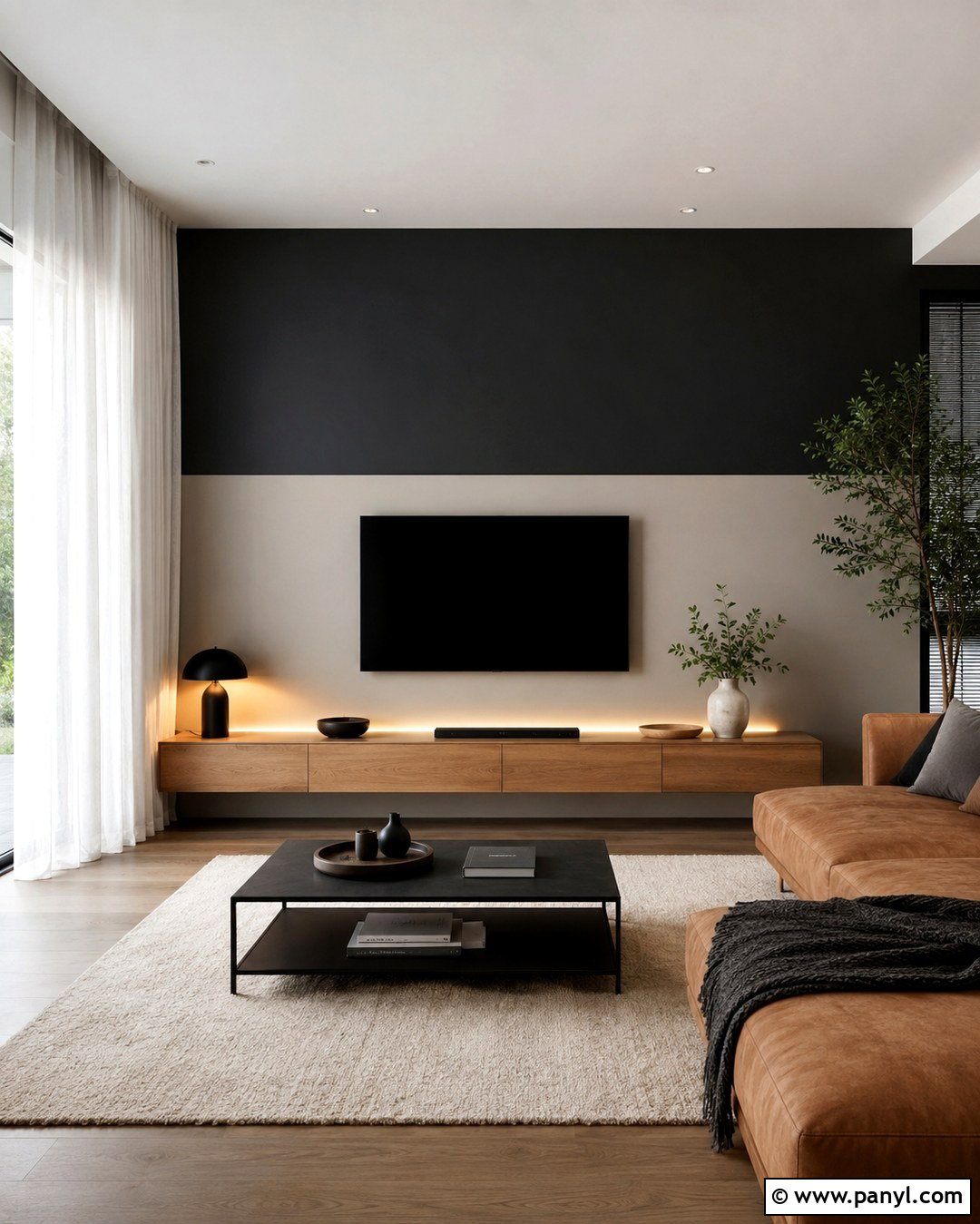 Black And Greige Split TV Wall - 20 Color Block Wall Behind Tv Ideas