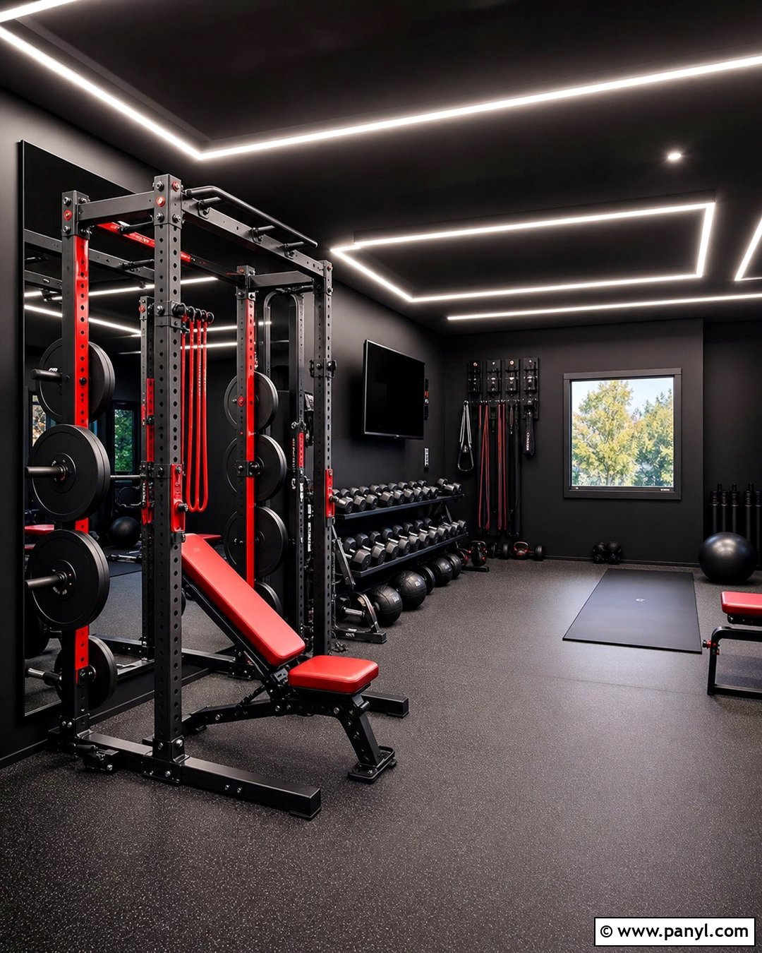 Black And Red Home Gym - 25 Black Walls Home Gym Ideas
