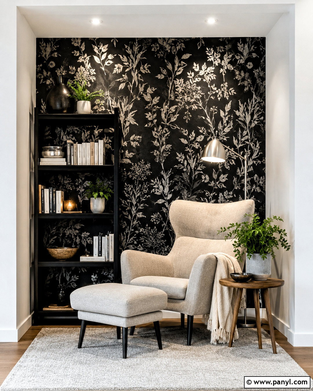 Black And Silver Botanical Wallpaper Reading Nook - 20 black silver wallpaper ideas