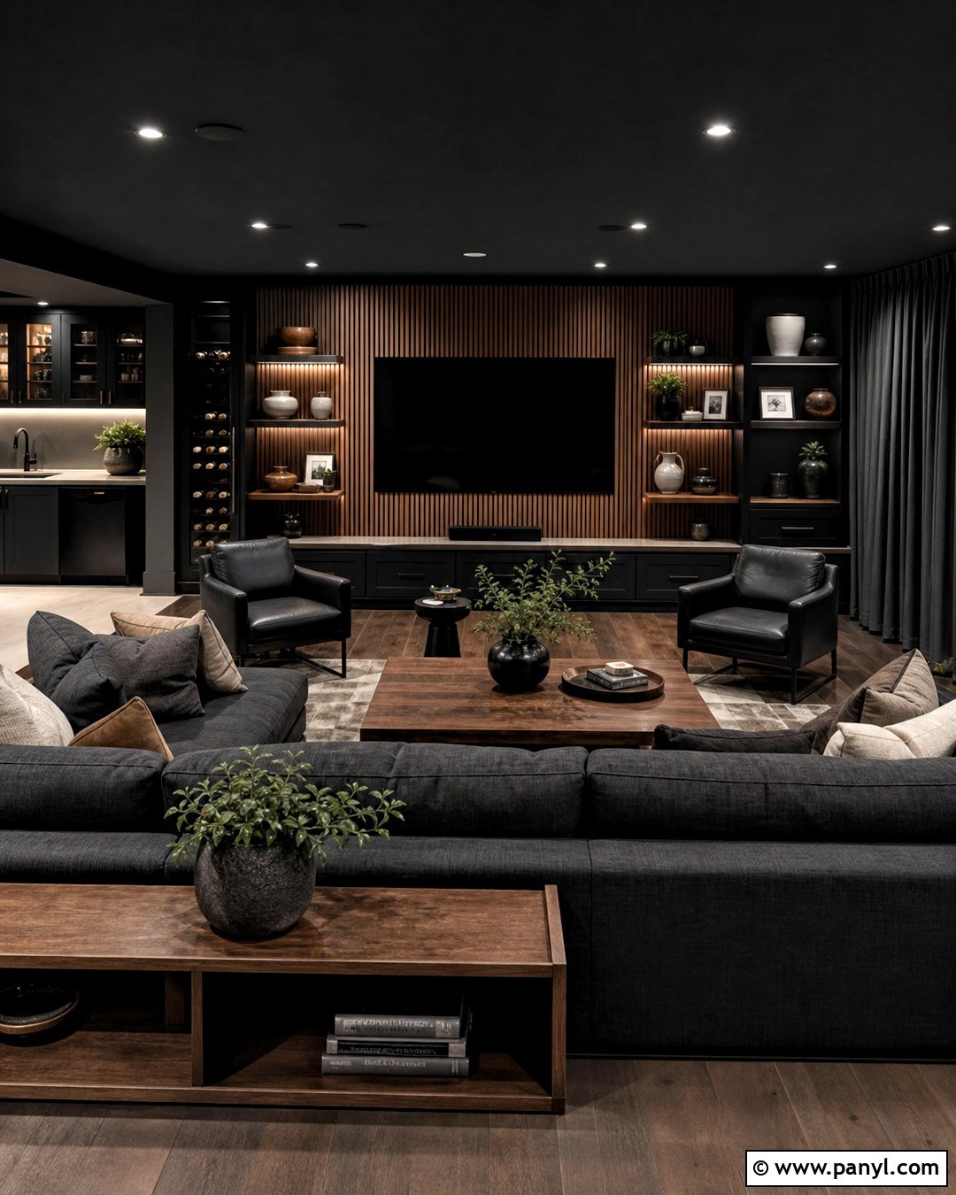 Black And Walnut Basement - 20 all black basement ideas