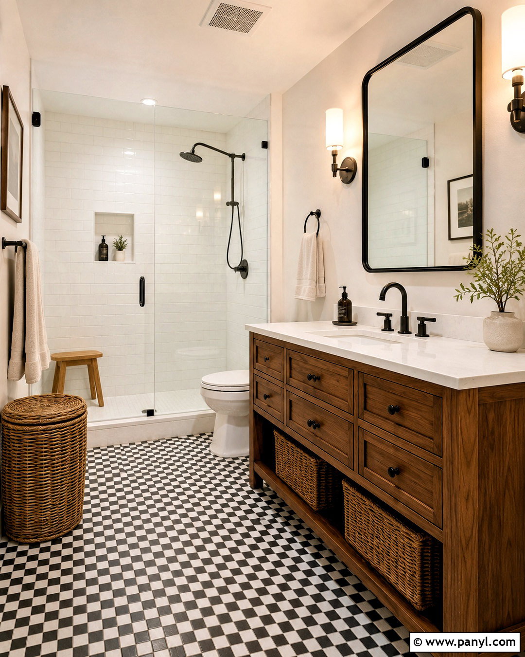 Black And White Bathroom Tile With Wood Vanity - 20 black and white bathroom tile ideas