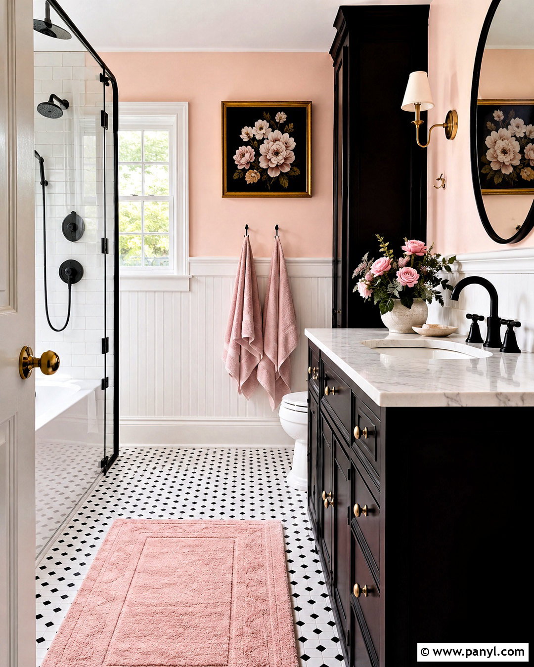 Black And White Bathroom With Blush Pink Walls - 20 black and white bathroom with color pop ideas