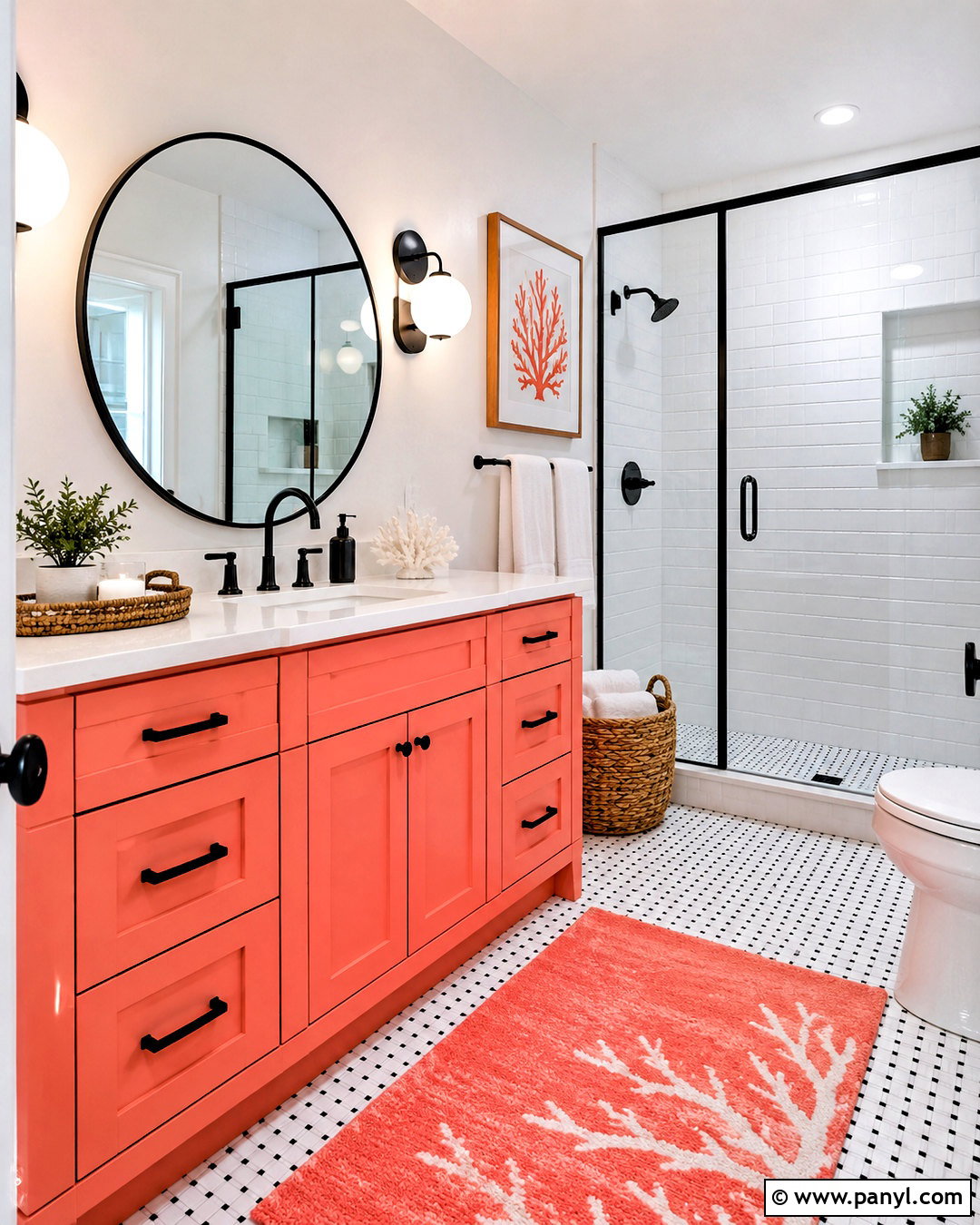 Black And White Bathroom With Coral Vanity - 20 black and white bathroom with color pop ideas