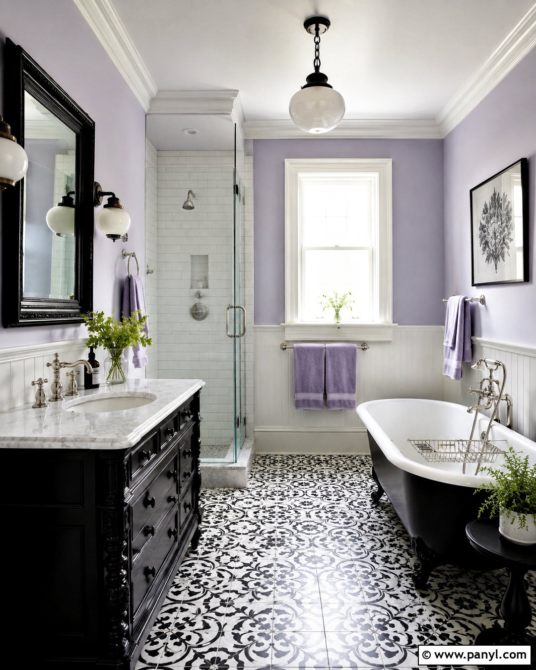 Black And White Bathroom With Lavender Walls - 20 black and white bathroom with color pop ideas