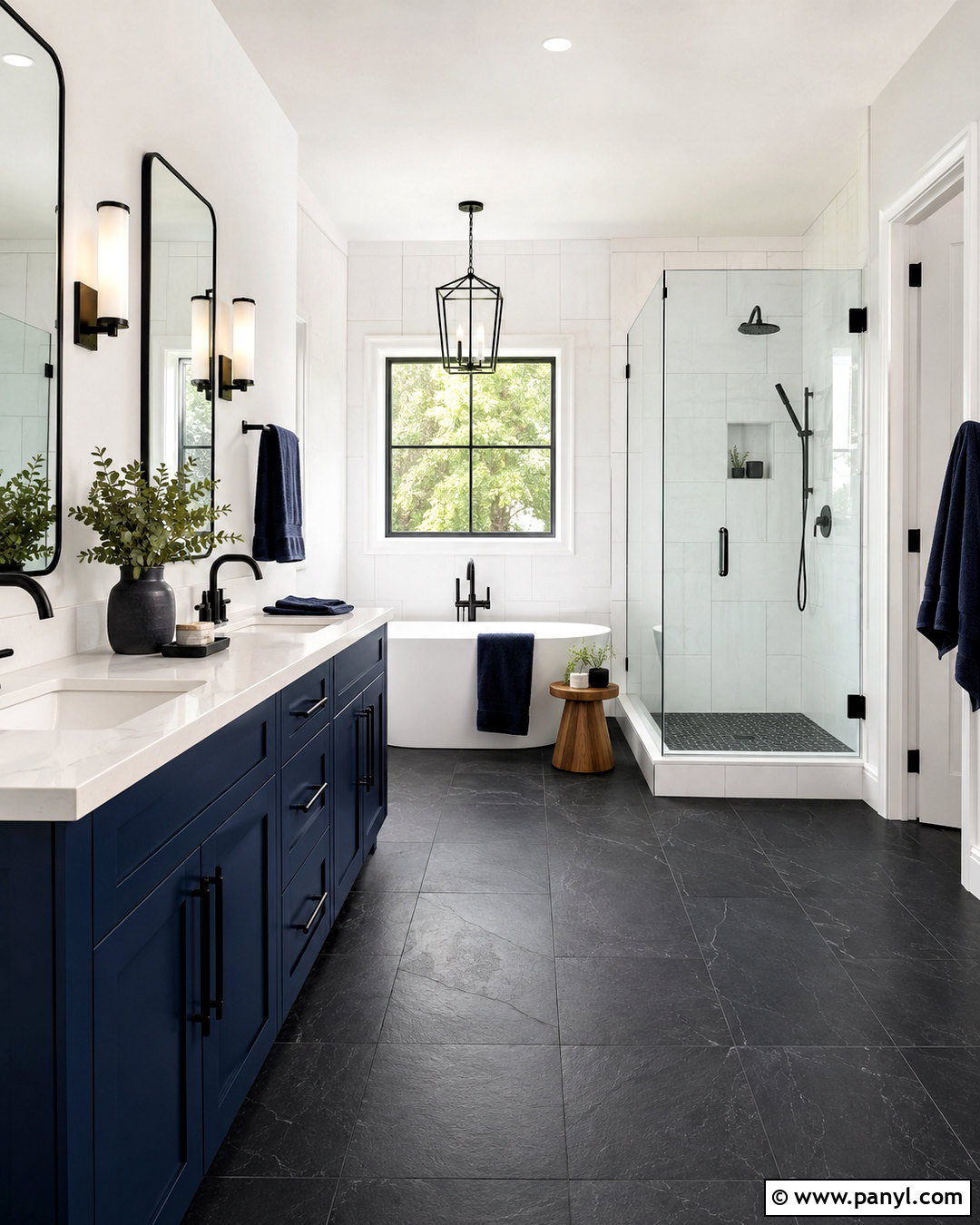Black And White Bathroom With Navy Blue Vanity - 20 black and white bathroom with color pop ideas