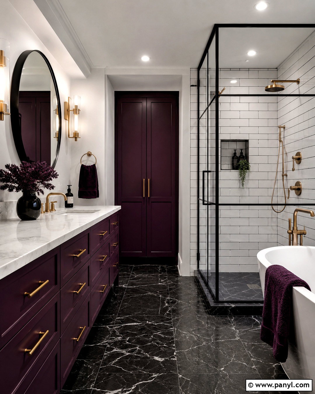 Black And White Bathroom With Plum Cabinetry - 20 black and white bathroom with color pop ideas