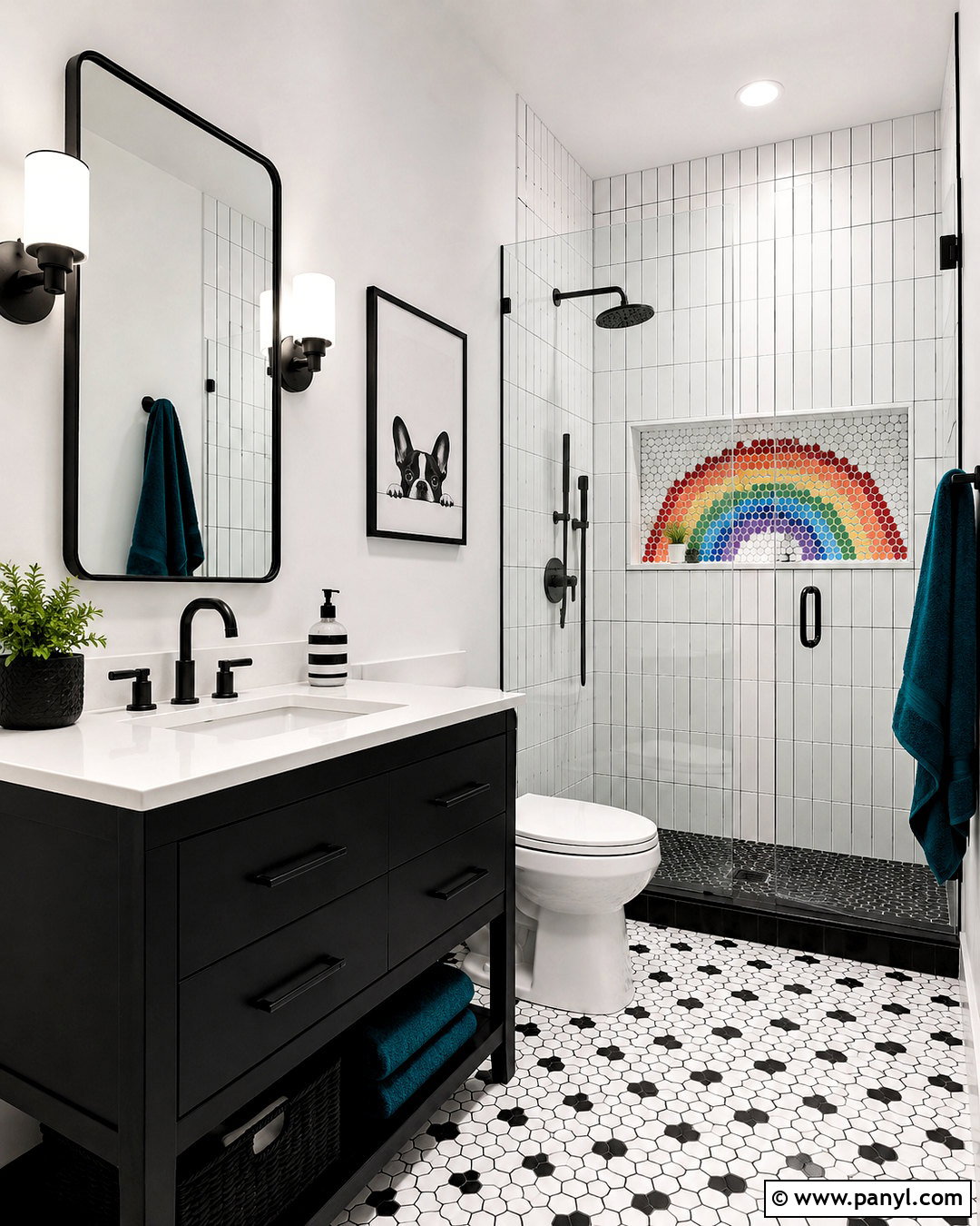 Black And White Bathroom With Rainbow Tile Niche - 20 black and white bathroom with color pop ideas