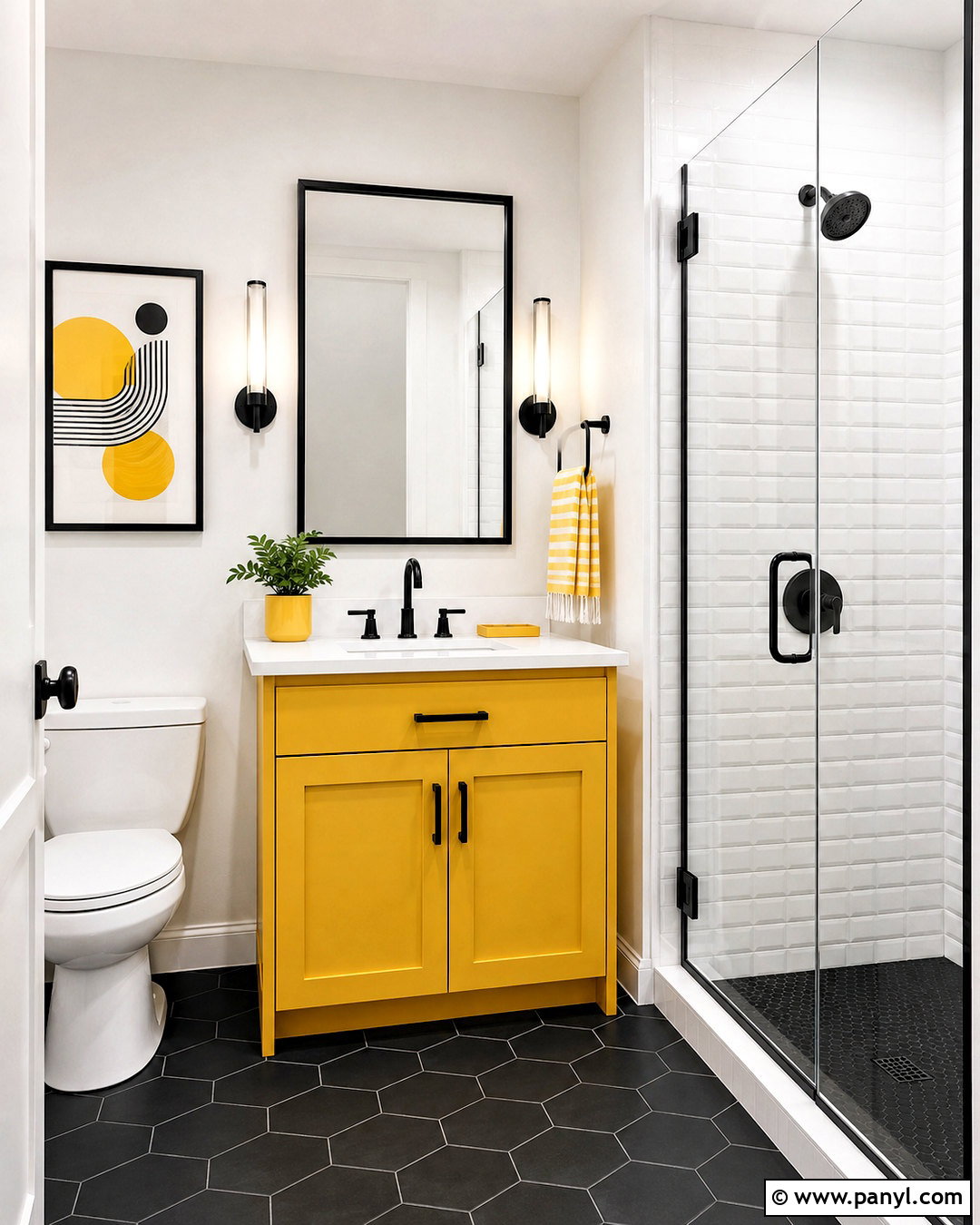 Black And White Bathroom With Sunny Yellow Vanity - 20 black and white bathroom with color pop ideas