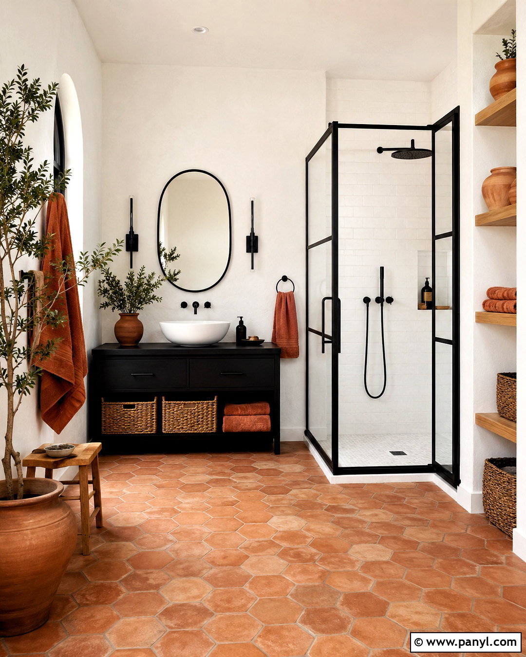 Black And White Bathroom With Terracotta Floor - 20 black and white bathroom with color pop ideas
