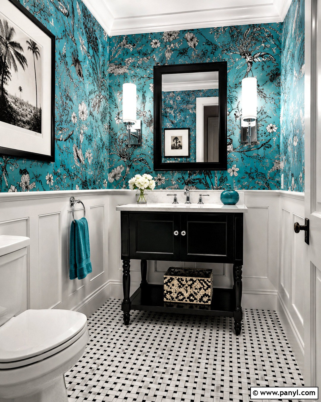 Black And White Bathroom With Turquoise Wallpaper - 20 black and white bathroom with color pop ideas