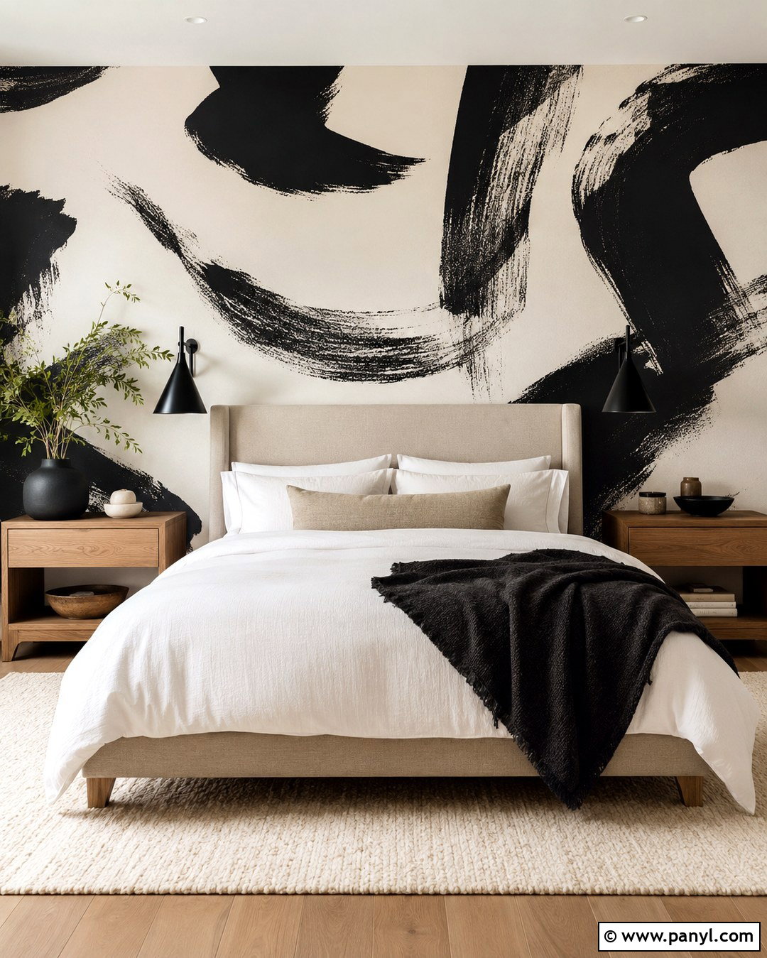 Black And White Brushstroke Bedroom Wall - 20 Black And White Statement Wall Ideas