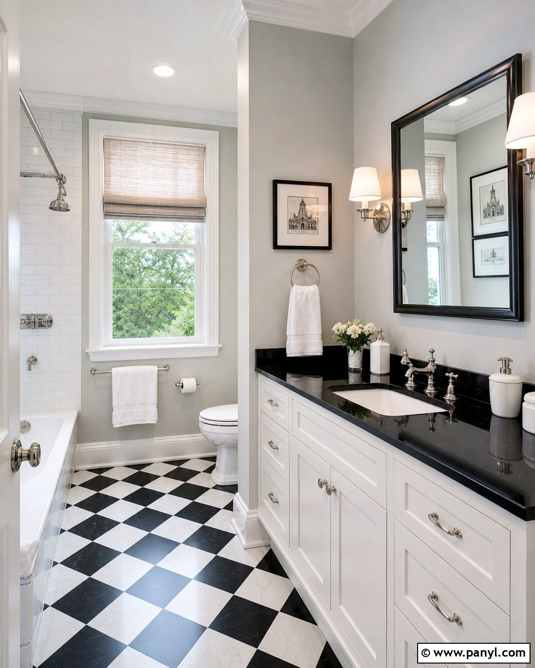 Black And White Checkerboard Floor With Gray Walls - 20 Bathroom Black Floor Grey Walls