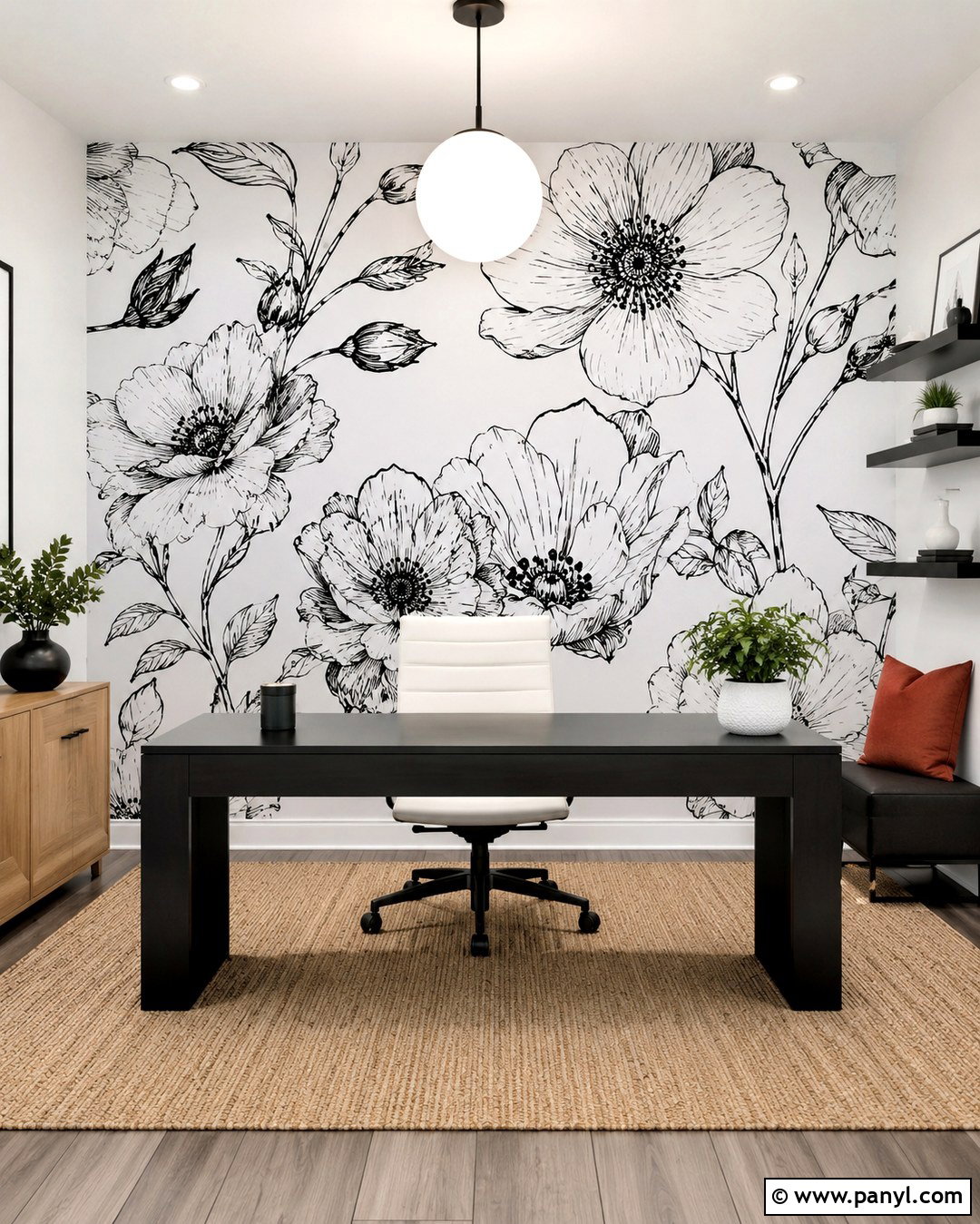 Black And White Floral Accent Wall - 20 Floral Accent Wall Office Ideas