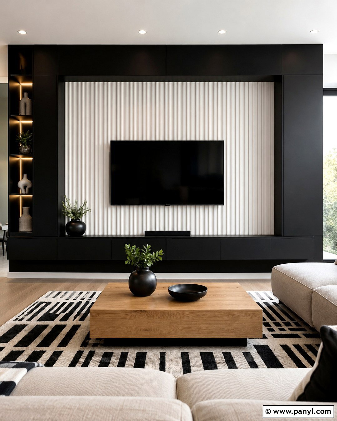 Black And White Fluted TV Wall - 20 Black And White Statement Wall Ideas