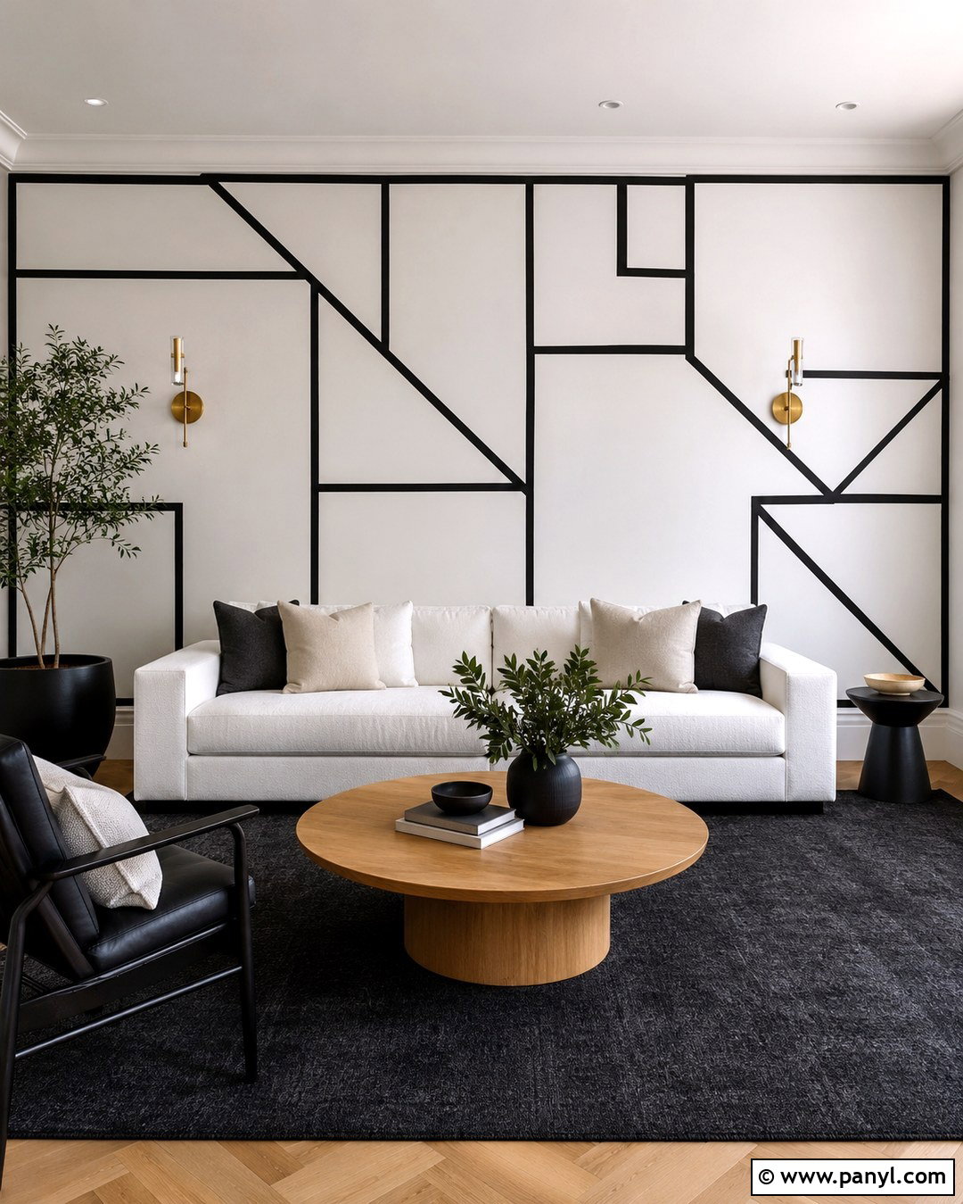 Black And White Geometric Living Room Wall - 20 Black And White Statement Wall Ideas