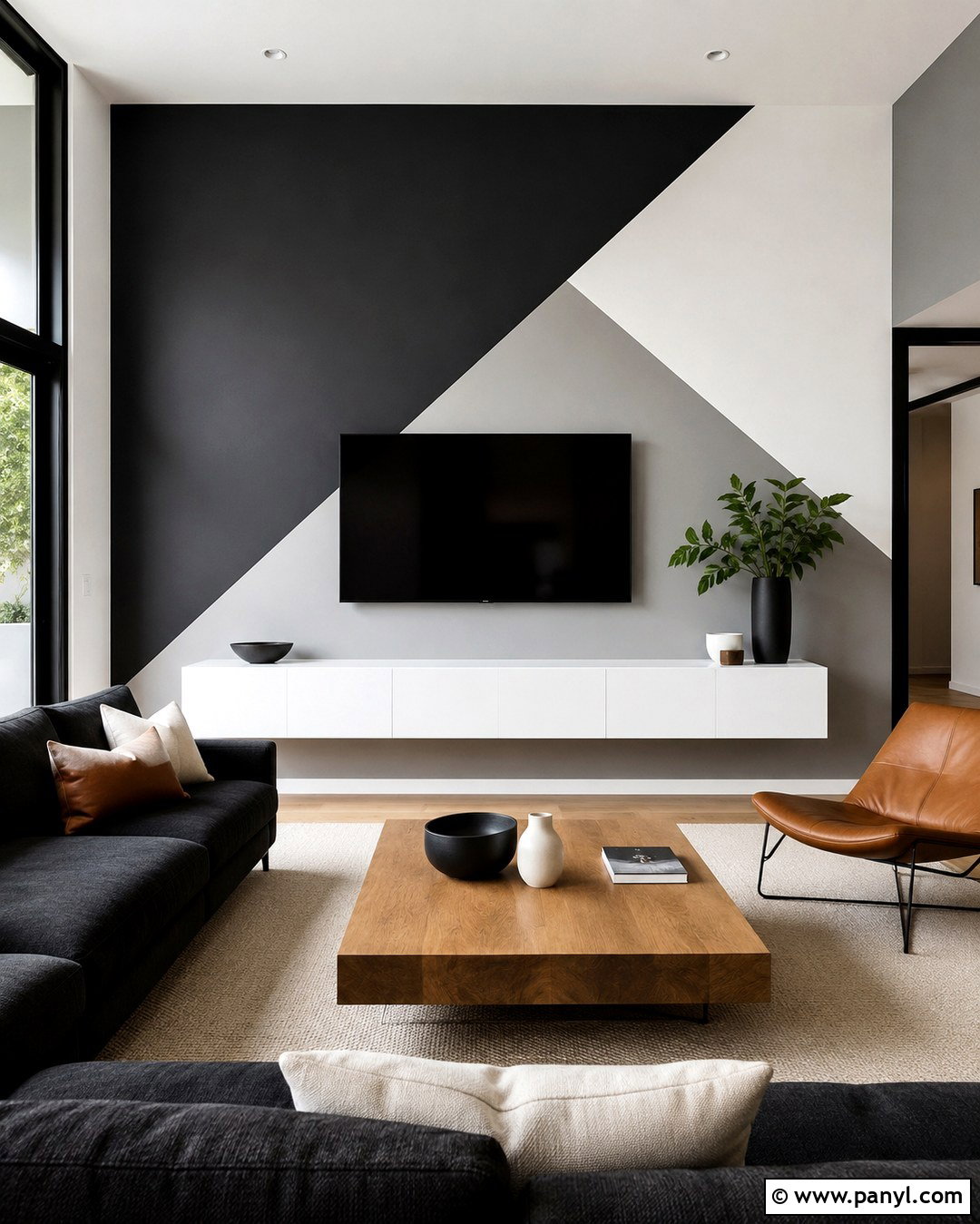 Black And White Geometric TV Wall - 20 Color Block Wall Behind Tv Ideas