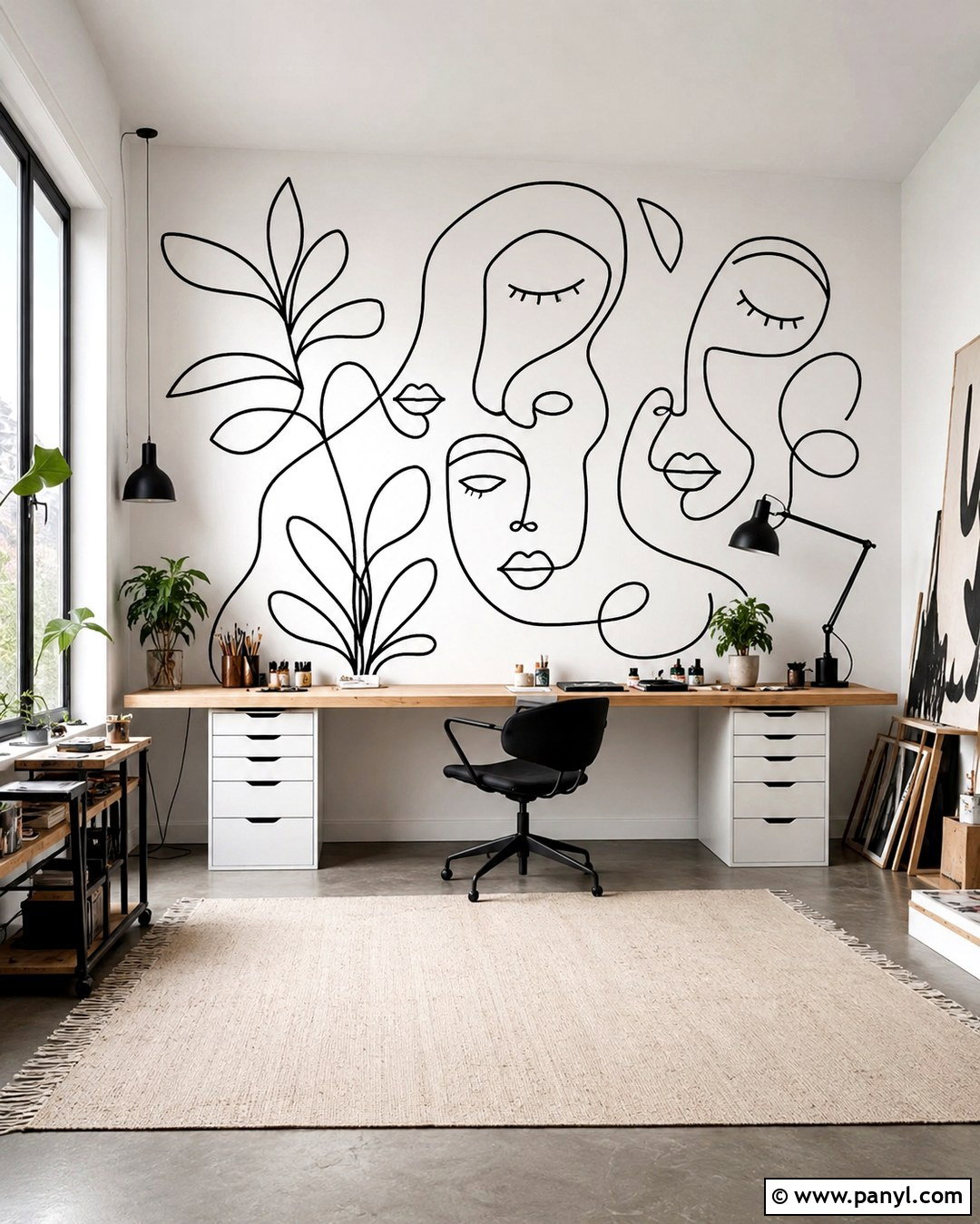 Black And White Line Art Studio Wall - 20 Black And White Statement Wall Ideas
