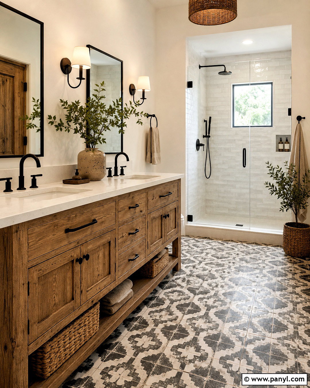 Black And White Tile Bathroom With Wood Vanity - 20 black and white pattern tile bathroom ideas