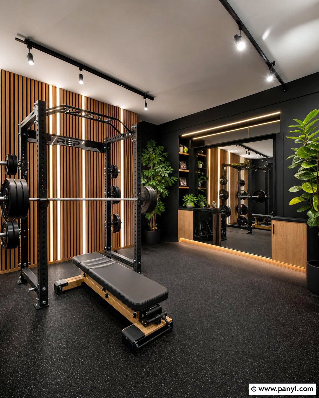 Black And Wood Home Gym - 25 Black Walls Home Gym Ideas