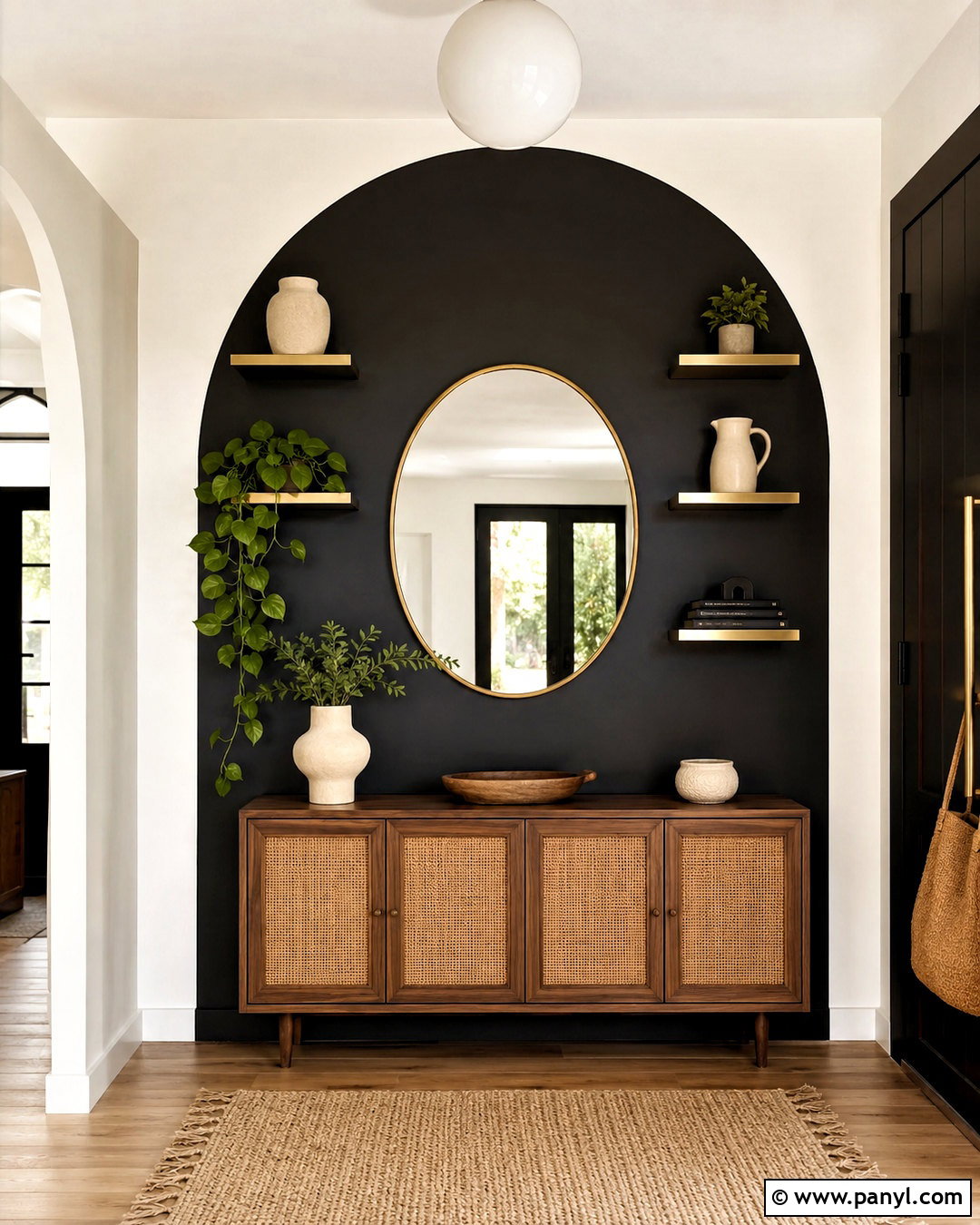 Black Arch Accent Wall With Gold Shelves - 20 black and gold accent wall ideas