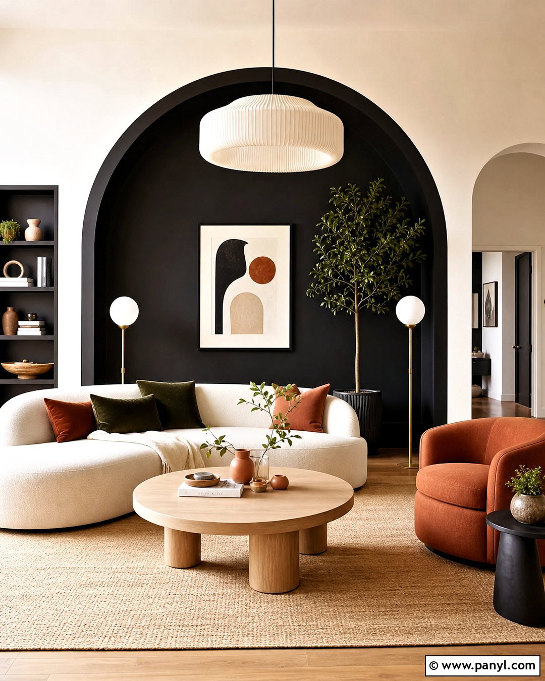 Black Arched Feature Wall - 20 dark feature wall living room ideas