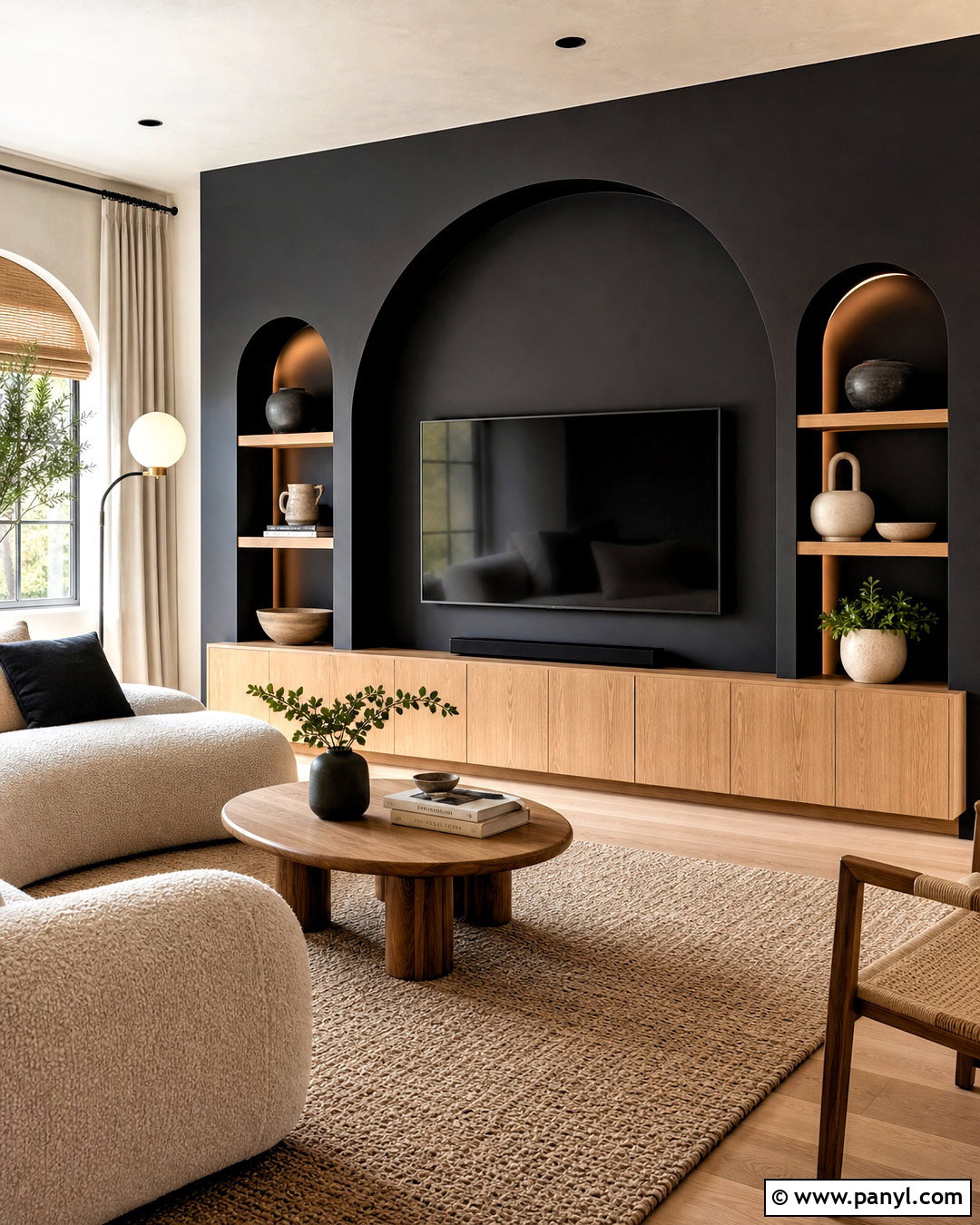 Black Arched TV Wall With Wood Storage - 20 tv wall design black ideas