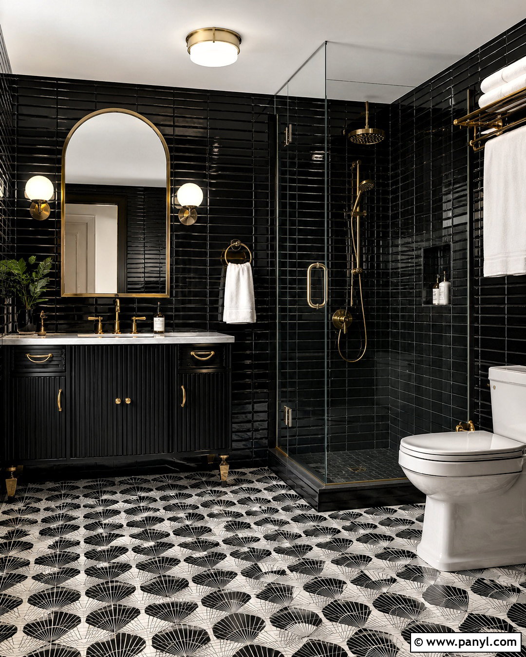 Black Art Deco Bathroom With Brass - 20 black bathroom aesthetic ideas