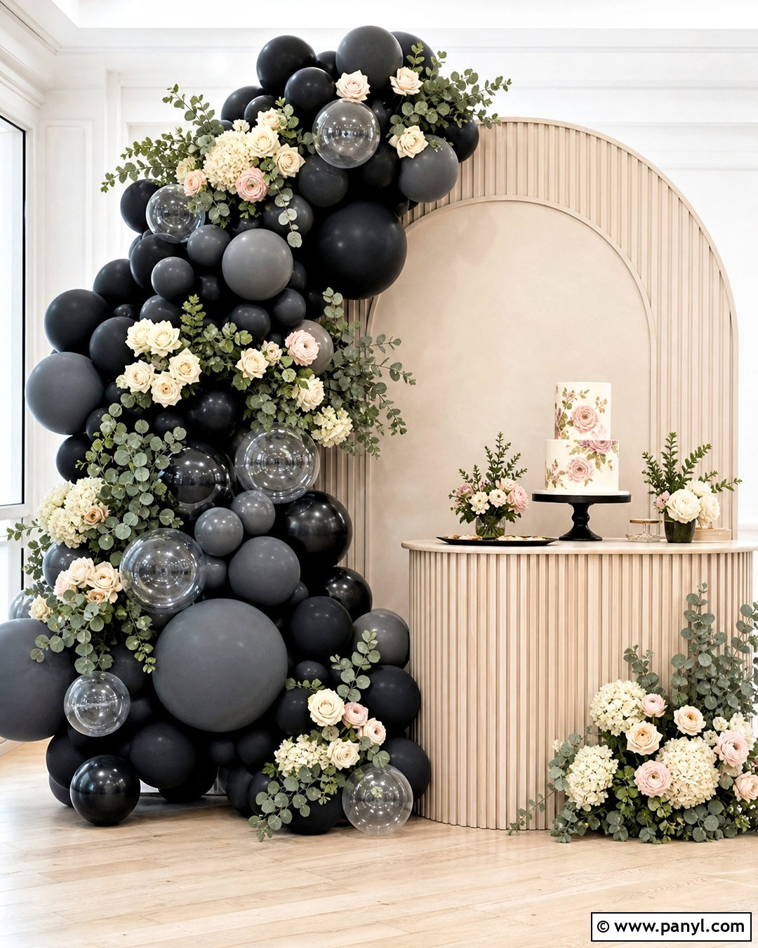 Black Balloon Wall With Flowers - 20 black balloon wall ideas