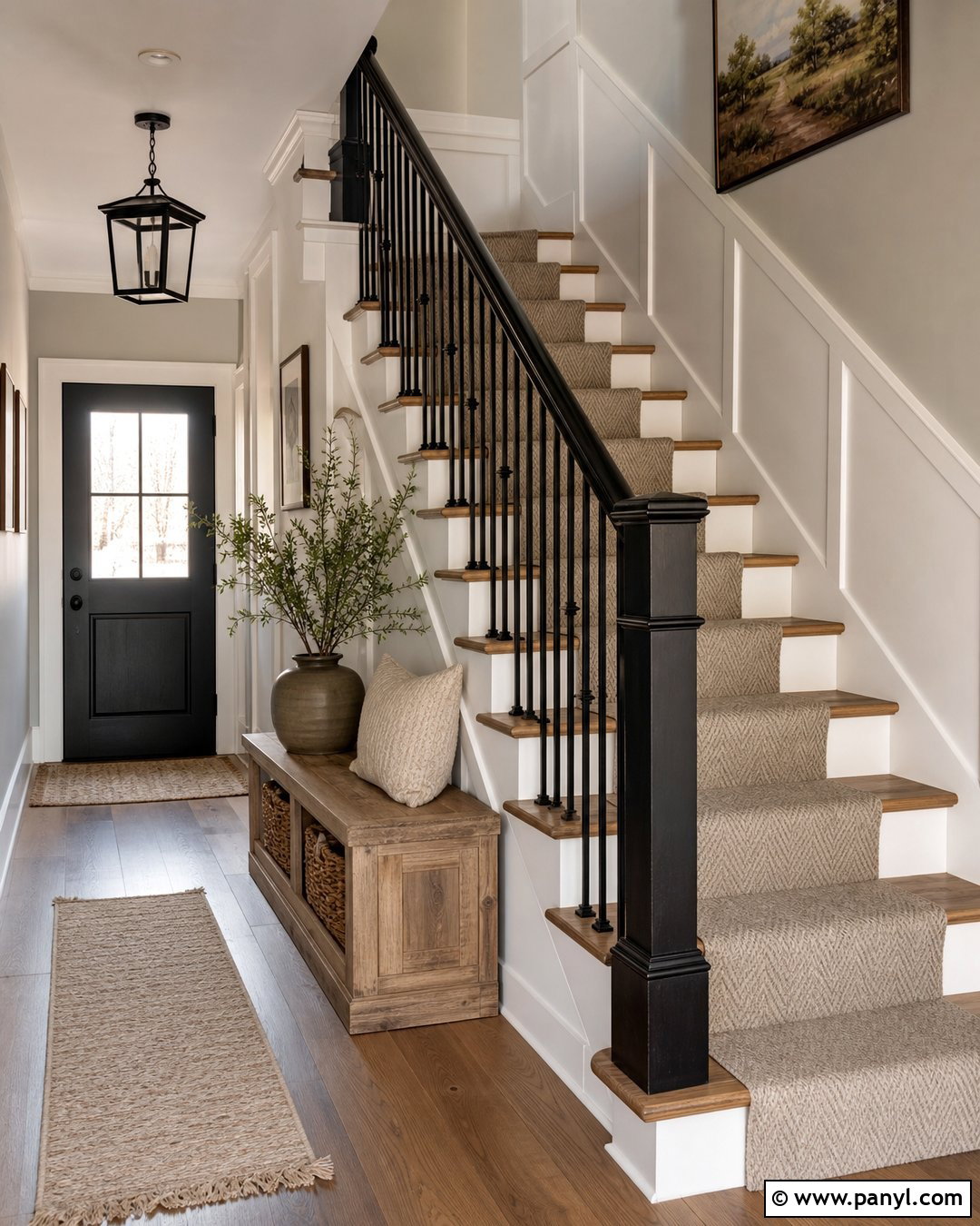 Black Banister With Grey Farmhouse Hallway - 20 black banister grey walls