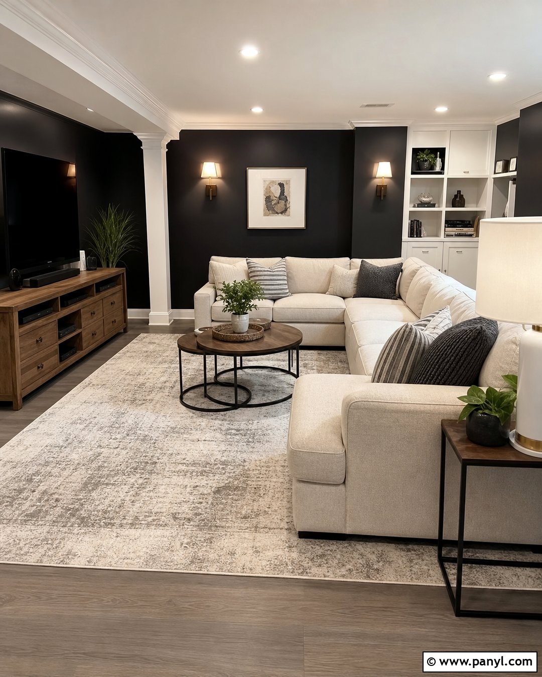 Black Basement Family Room With White Trim - 30 Black Walls White Trim Ideas